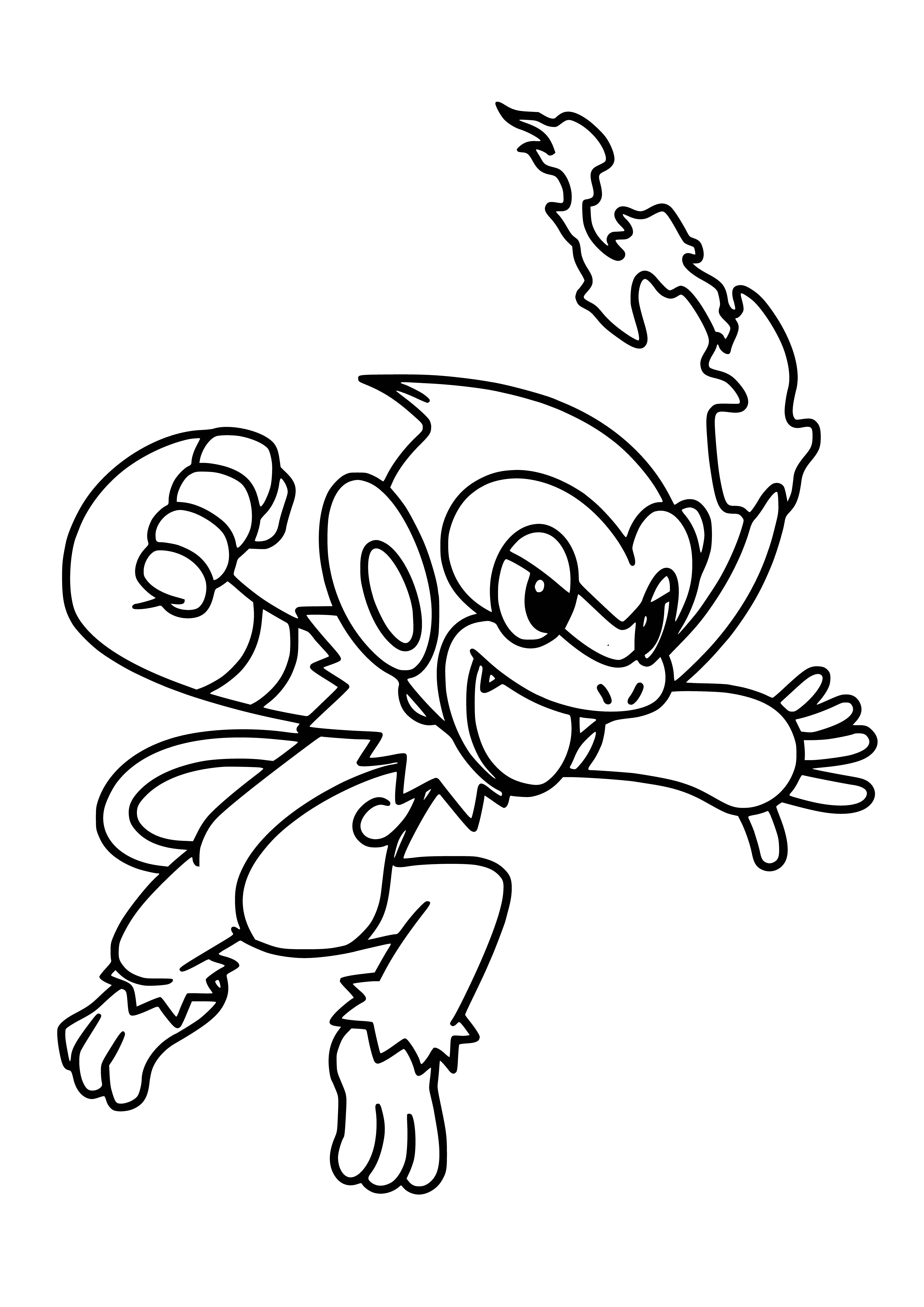coloring page: Monferno is a Fire/Fighting-type Pokemon. Its is evolved from Chimchar and final form is Infernape. It has a reddish-brown body and yellow rings on hands, feet and stripe down its back. Has a small head, yellow eyes and two tufts of black hair. Two long tails with yellow rings on them.