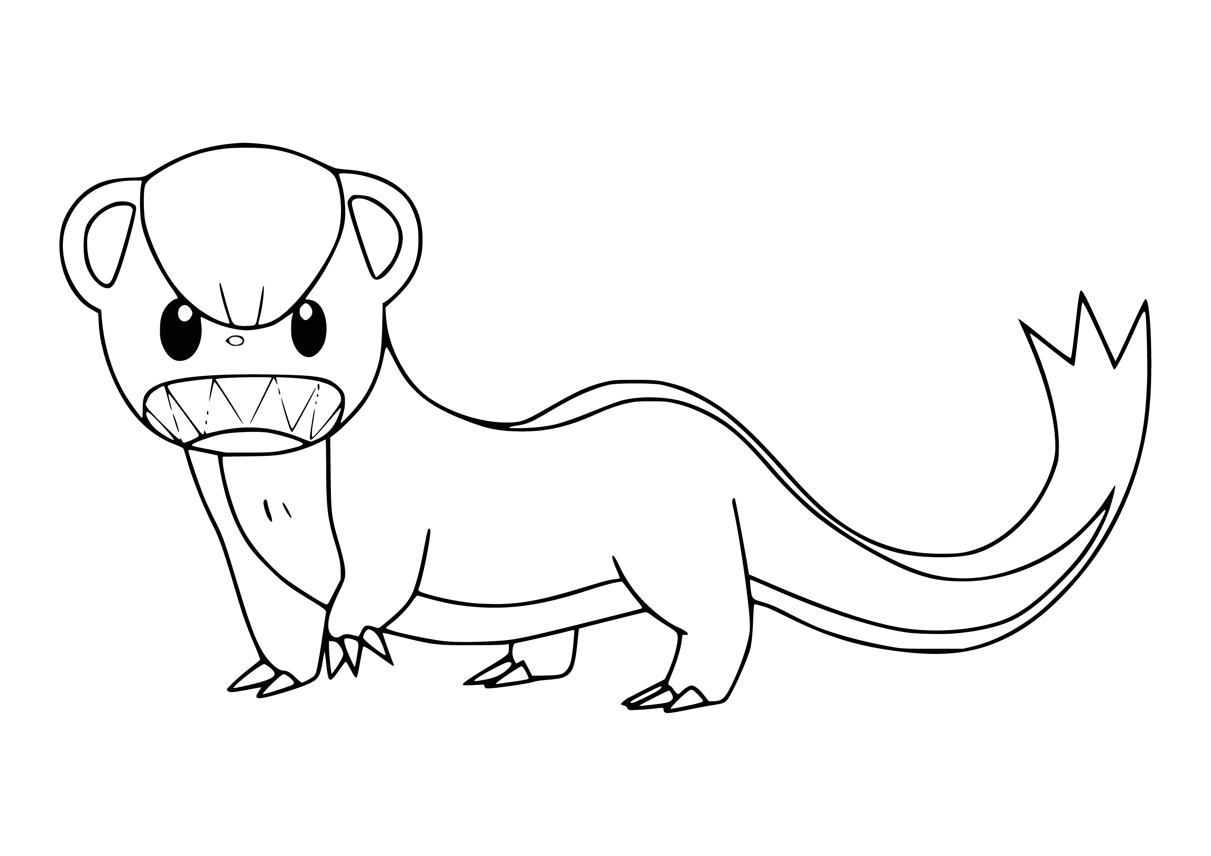 coloring page: Small, brown Normal type Pokemon w/large mouth, sharp teeth, beige tail, & black stripes/bands.