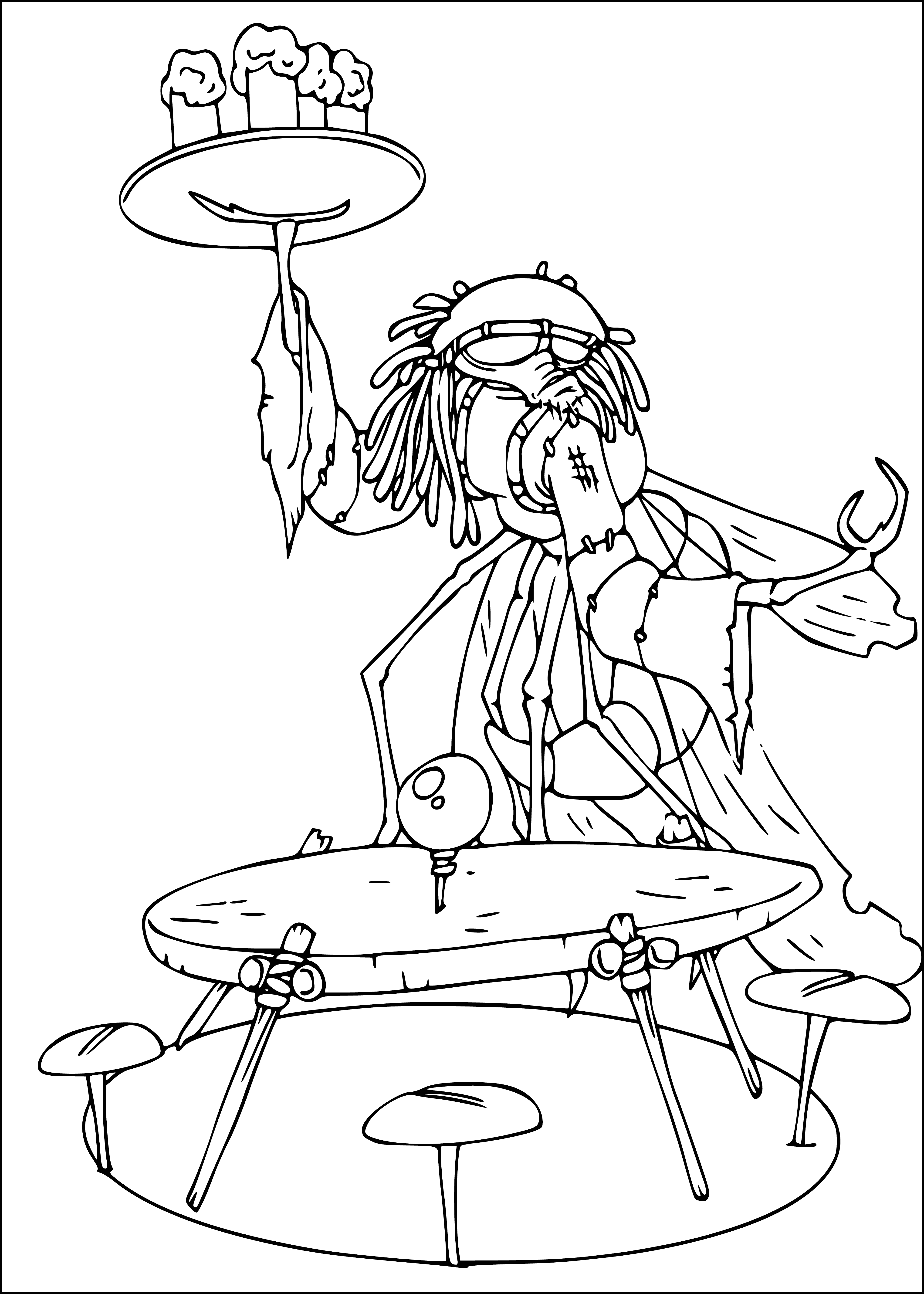 coloring page: Small blue creature with big eyes, red hat & coat holds tray with a drink.