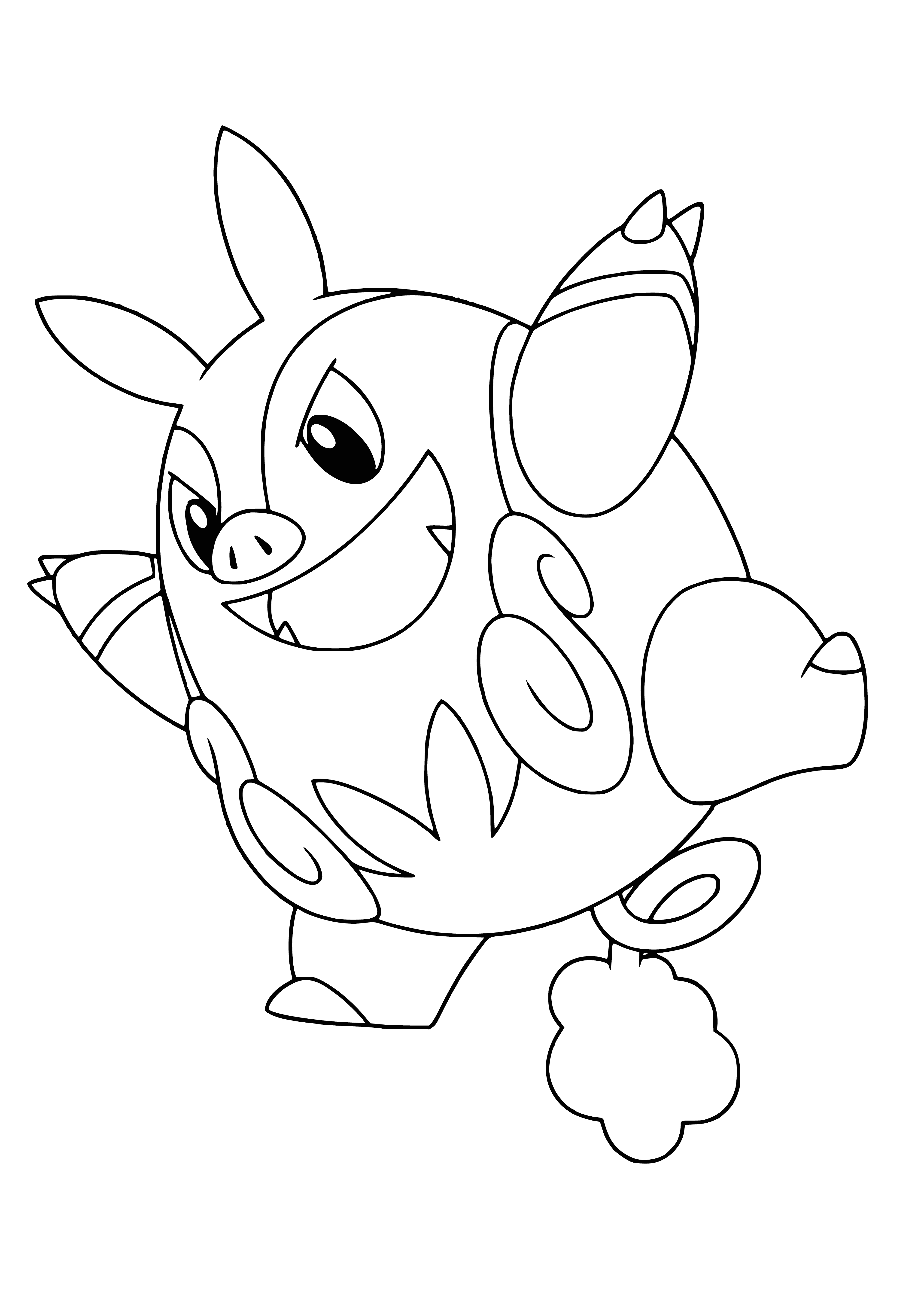 coloring page: Pig Pokémon w/ large, curved snout, small eyes, shaggy fur, 4 hooves, and small, curly tail.