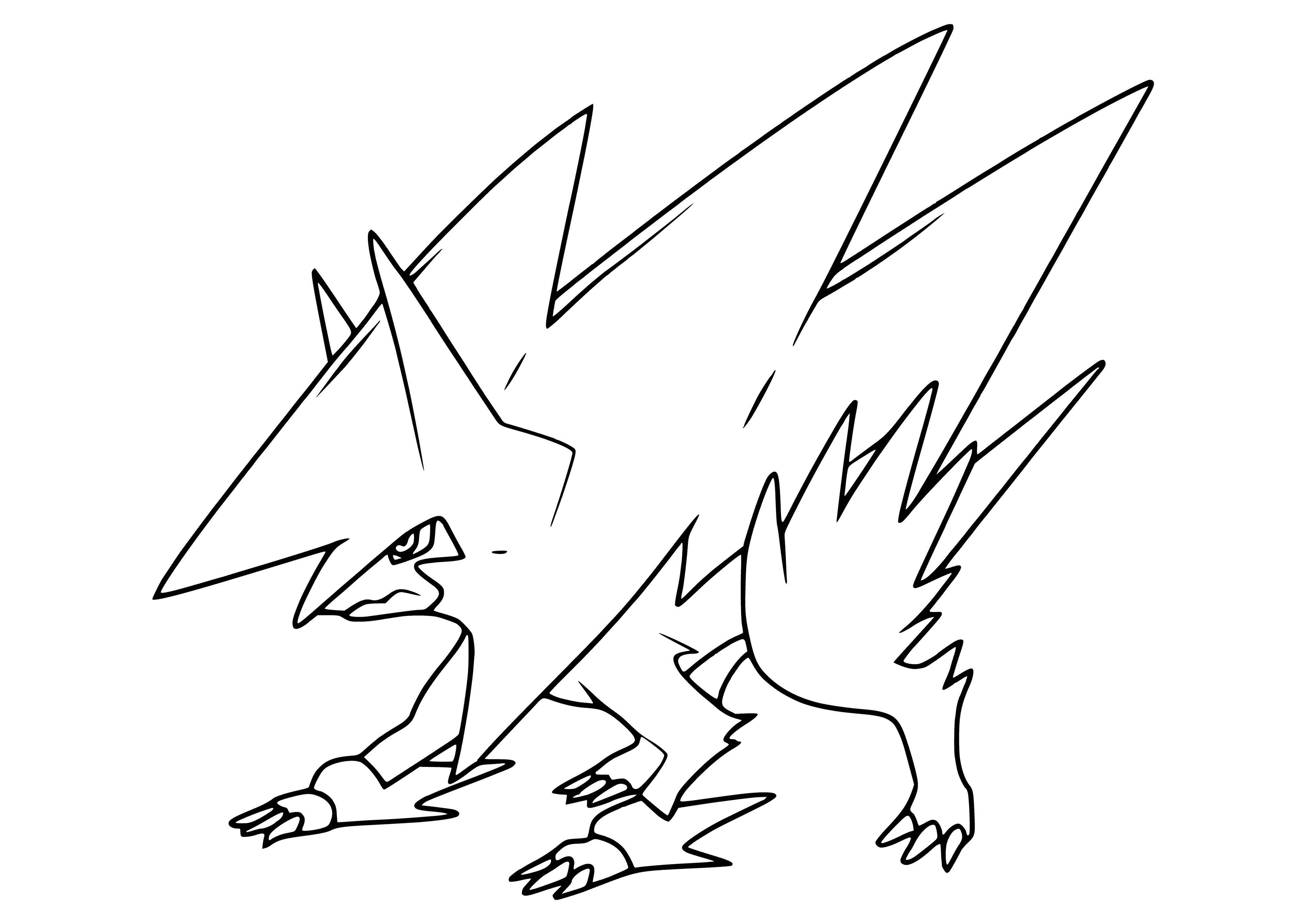 coloring page: Coloring page of electric-type Pokemon Mega Manectric: blue & yellow, white belly, long snout & red gem, three spikes on back, long tail.