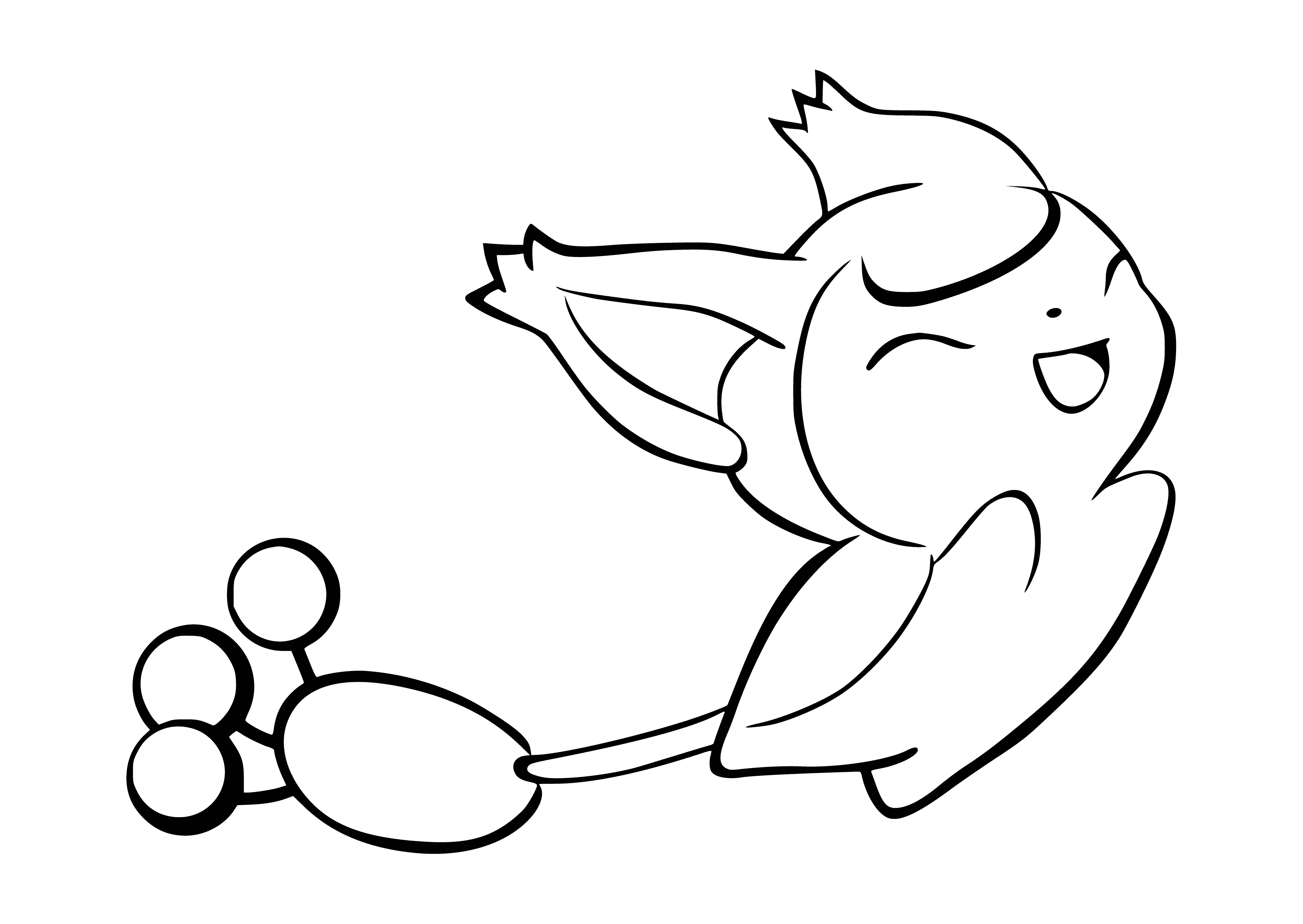 coloring page: A Pokemon named Skitty - small, pink, white, big blue eyes & long tail. Evolves into Delcatty.
