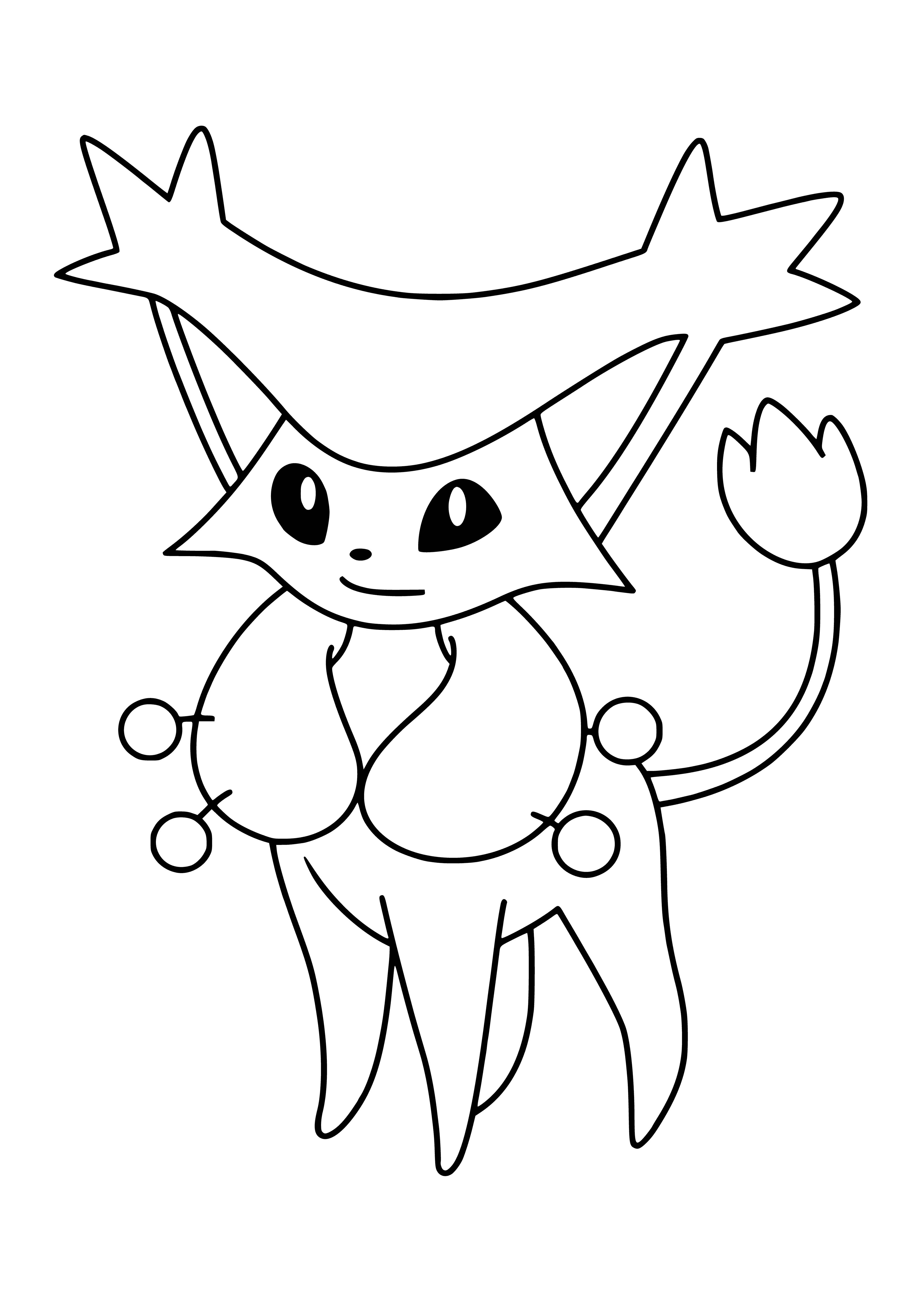 coloring page: Cute yellow Pokémon with green eyes, white chest and belly with spots, and big ears and tail.