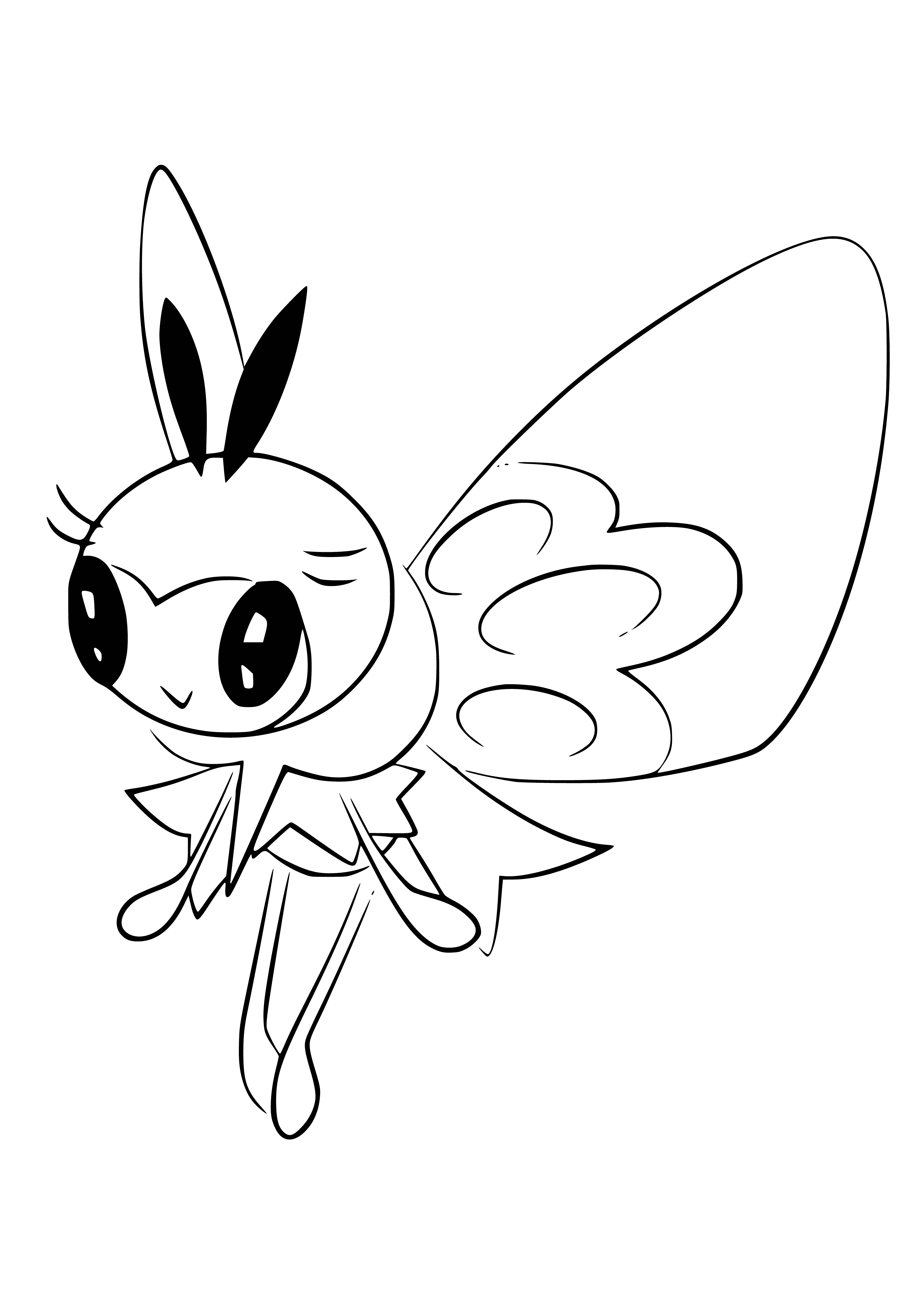 coloring page: Small yellow and black Pokémon w/ fuzzy antennae, three spots and wings. Has two black legs.