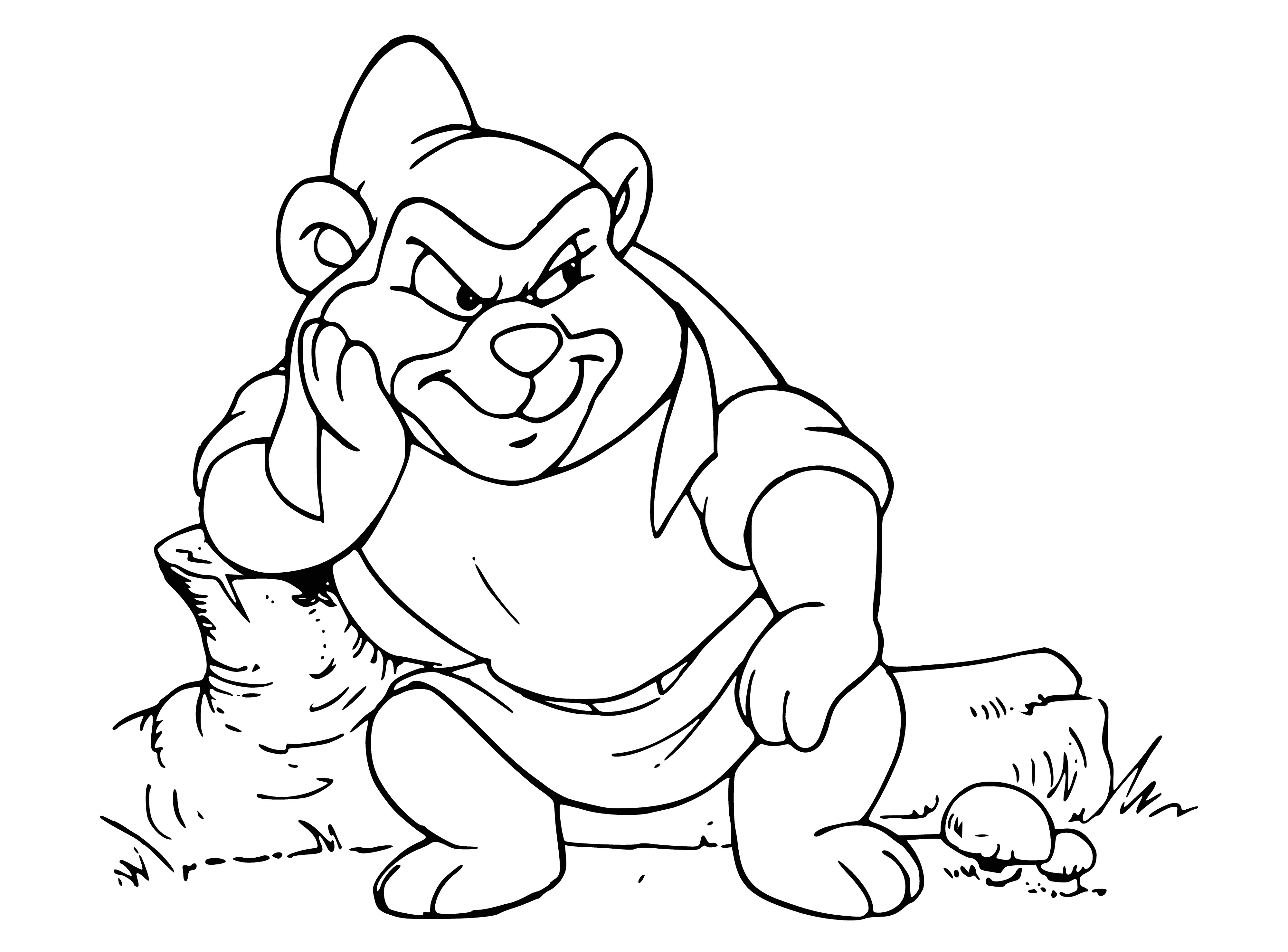 coloring page: A large green gummi bear is in the center of the coloring page, its arms and legs spread out, smiling and with a thick, fluffy fur. To the left is a smaller brown bear with a smaller belly and thinner fur. To the right is an even smaller yellow bear with arms and legs close to its body, a small belly and thin fur.
