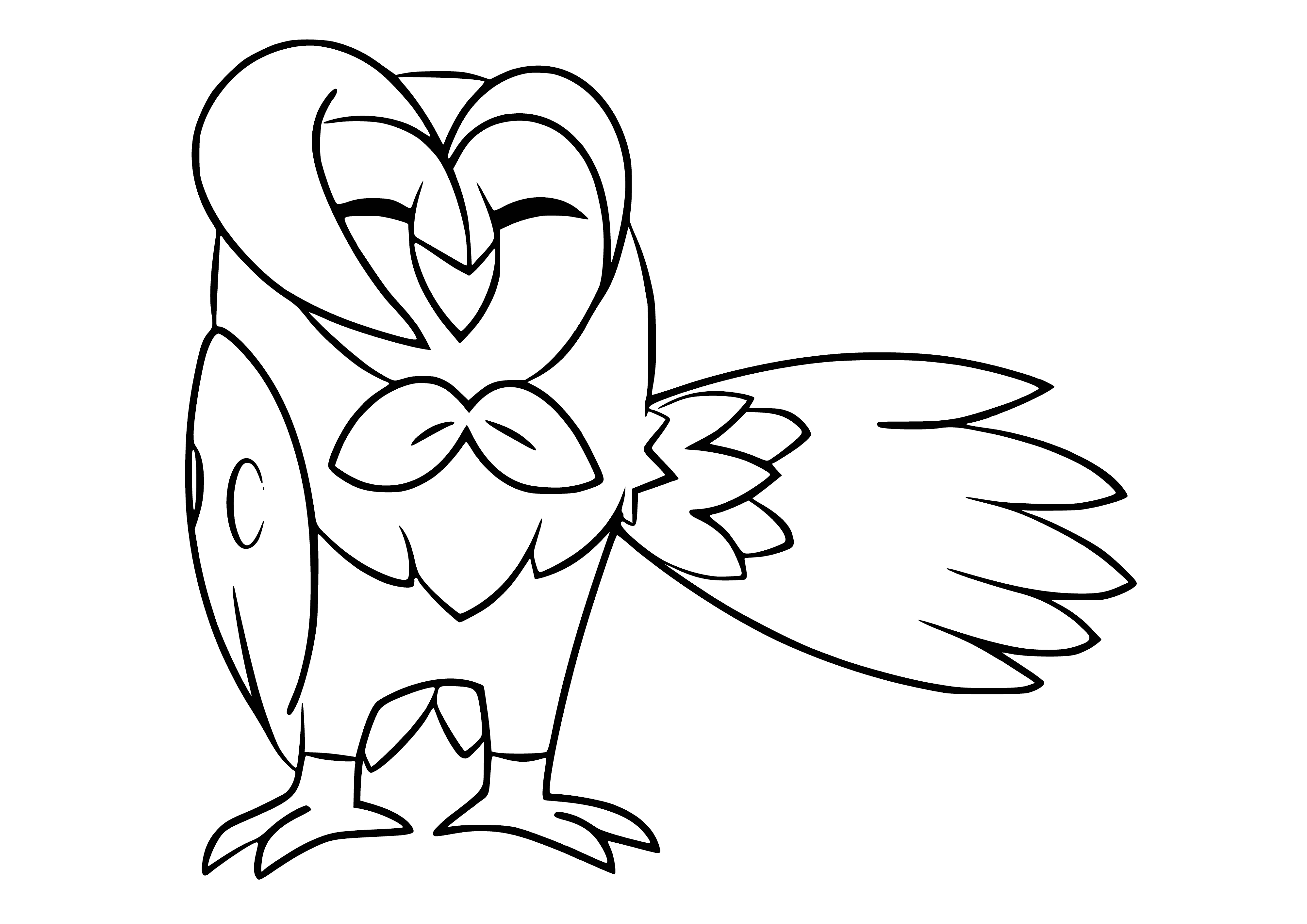 coloring page: Dartrix is a flying-grass type Pokémon w/ long neck, green/yellow feathers, two small eyes, beak,yellow wings, & tail w/ green/yellow tip. Evolves into Rowlet.
