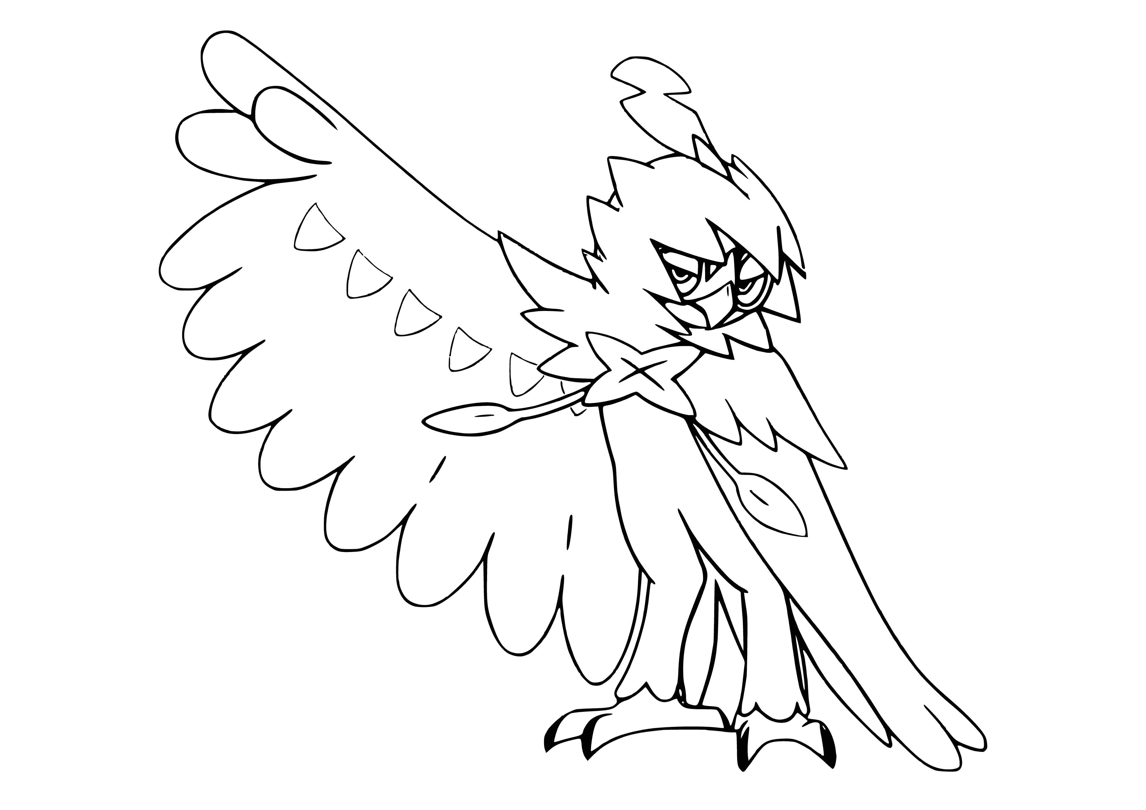 coloring page: A large, avian Pokemon with black body, red eyes, long neck, sharp beak, and tufts on head. Powerful legs ending in sharp talons and single feather on tail.