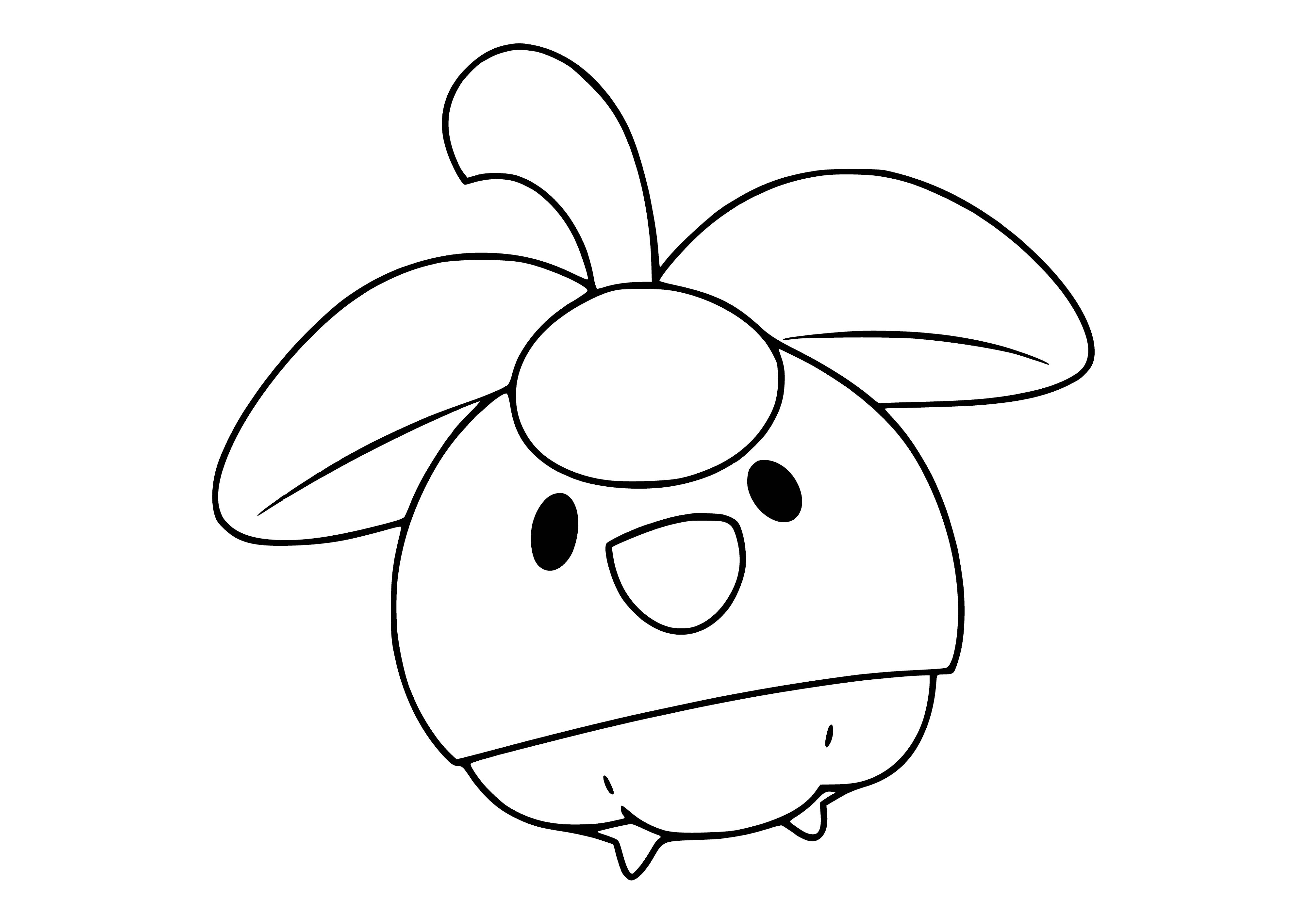 coloring page: Small, round creature w/ tough exterior; deep purple body, small head/mouth, two leaves on back/front, tail long+thin, small, round feet.