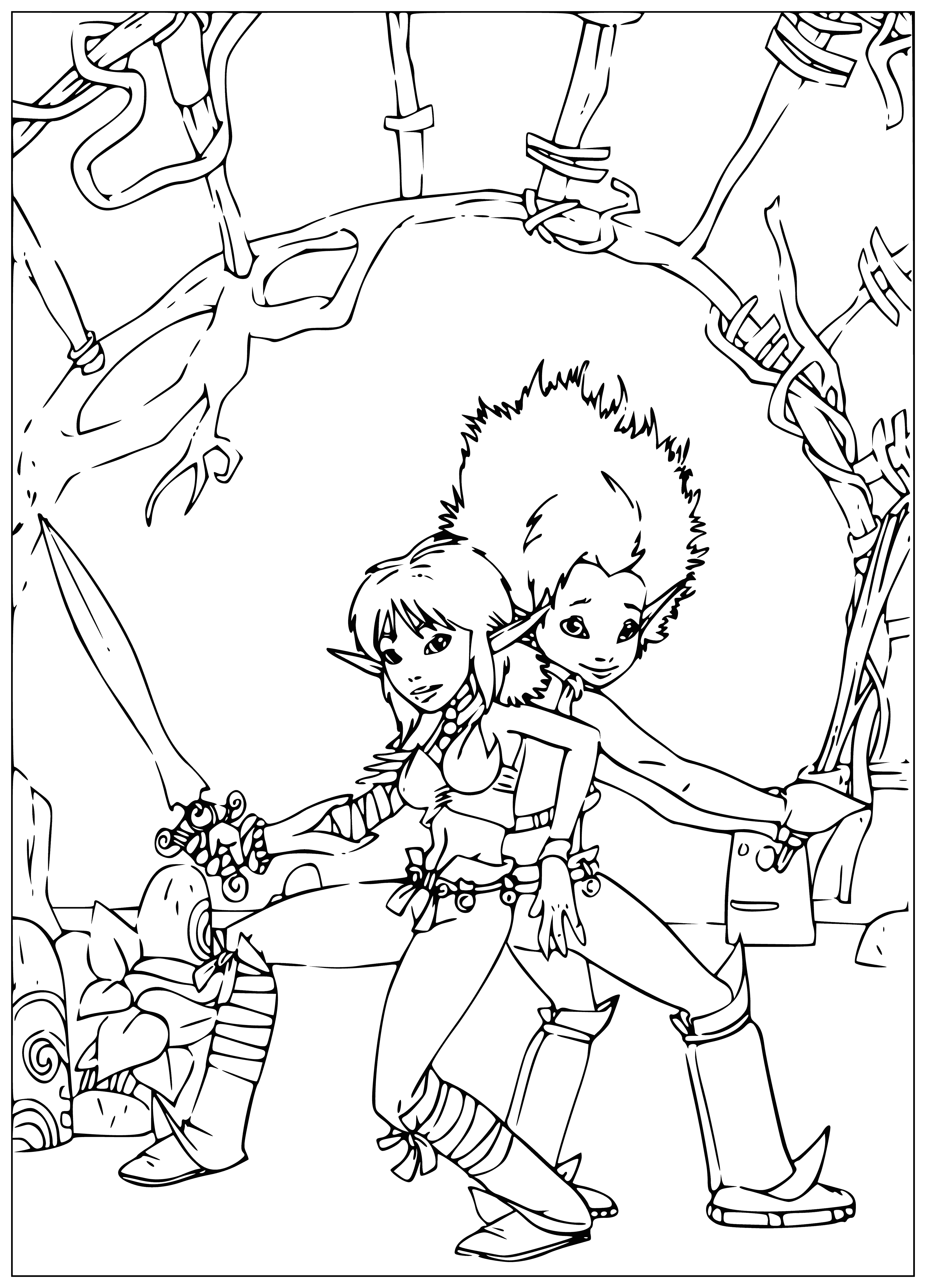 coloring page: Two friends, Selenia & Arthur, stand together. She wears blue w/ white collar. He wears white shirt, blue jeans, brown shoes & holds a plant. #friendship