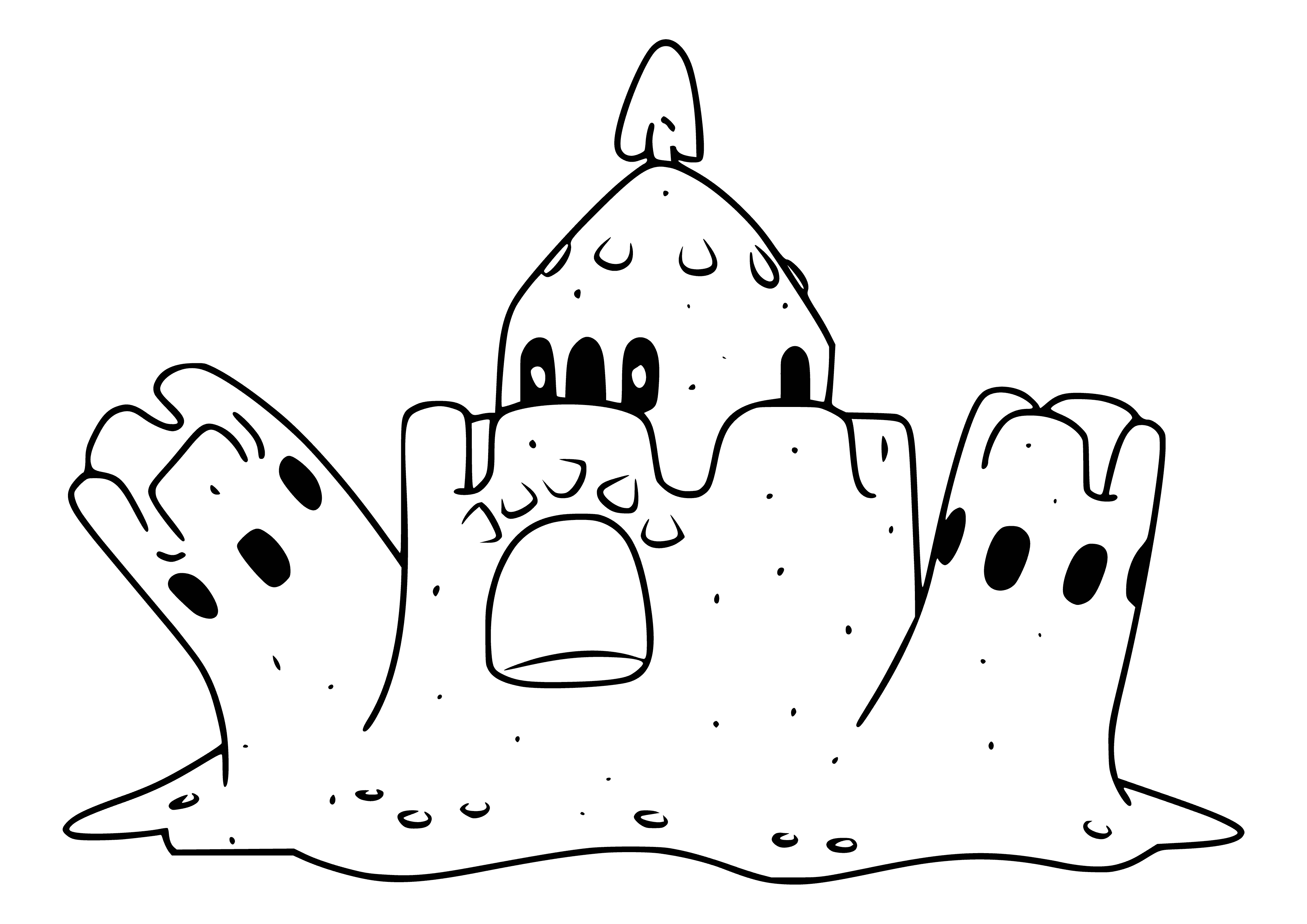 coloring page: Sandcastle Pokémon w/ dark head, red eyes, white body, arms, legs and red jewel on forehead.