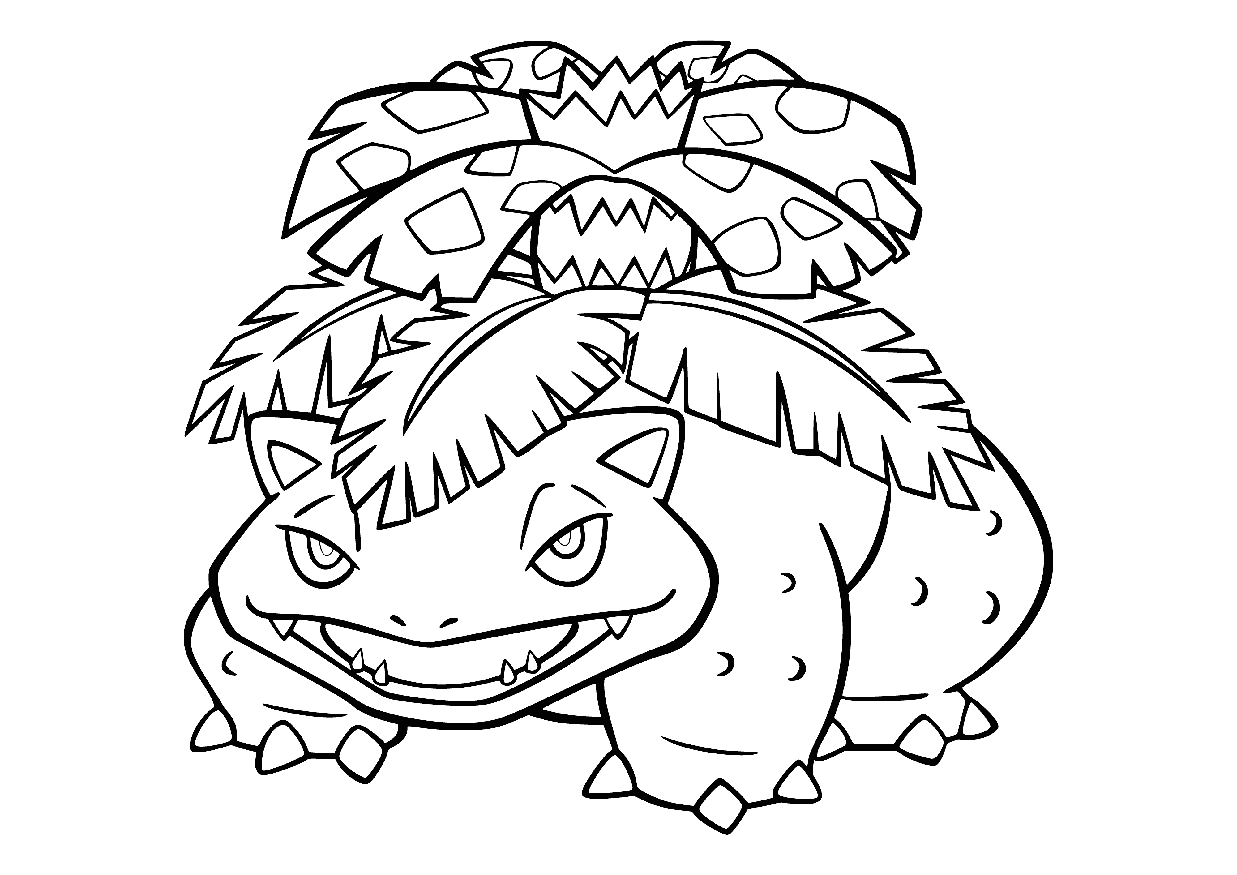 coloring page: Venusaur is a large green & yellow Pokemon with a flower on its back & a long tail; evolves from Ivysaur & can Mega-evolve.