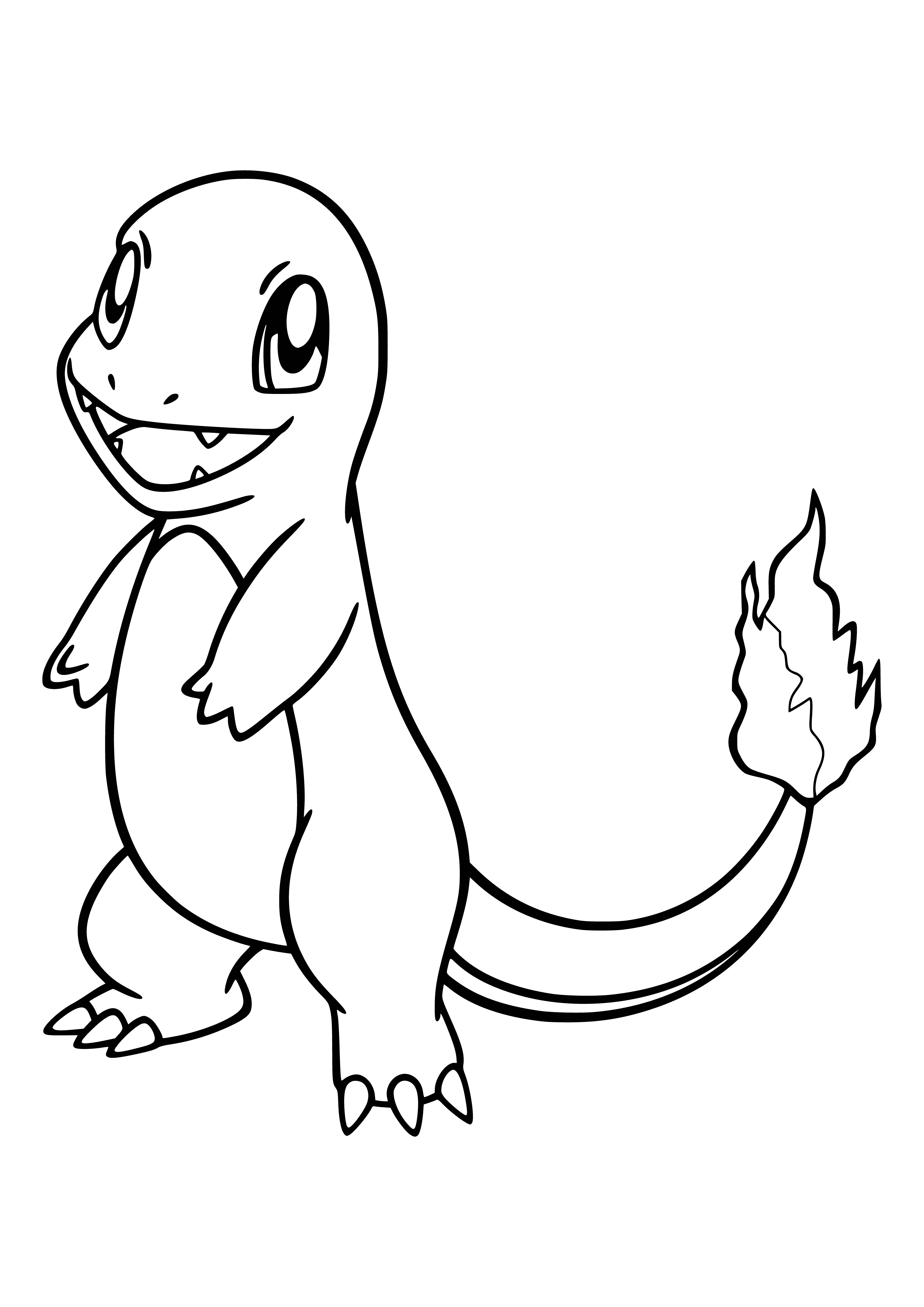 coloring page: Small orange lizard Pokemon with a flame-tipped tail, wings, black eyes and cream snout.