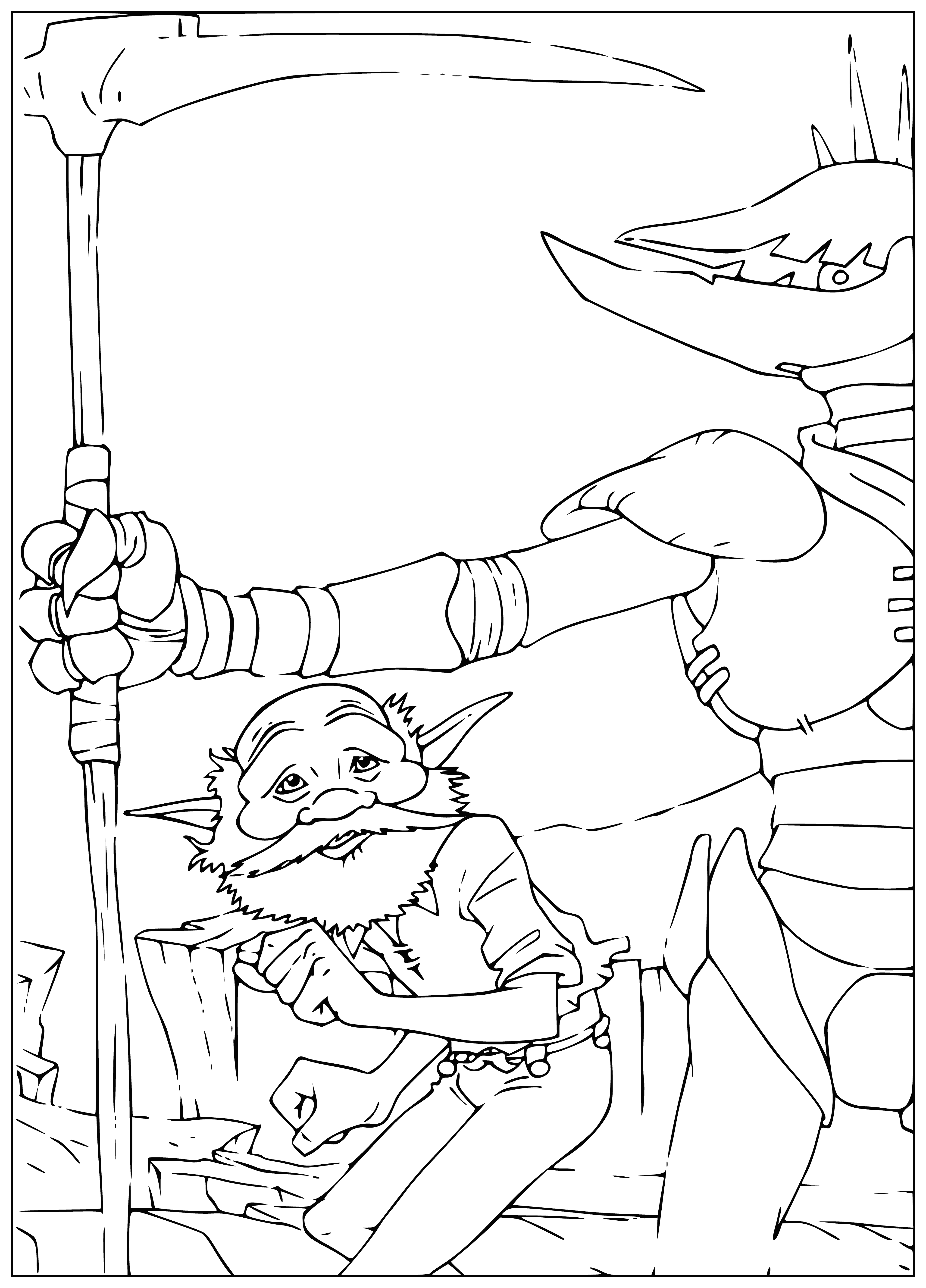 coloring page: Grandpa is in a glass cage, shackled, wearing a tattered blue robe and looking very weak and frail.