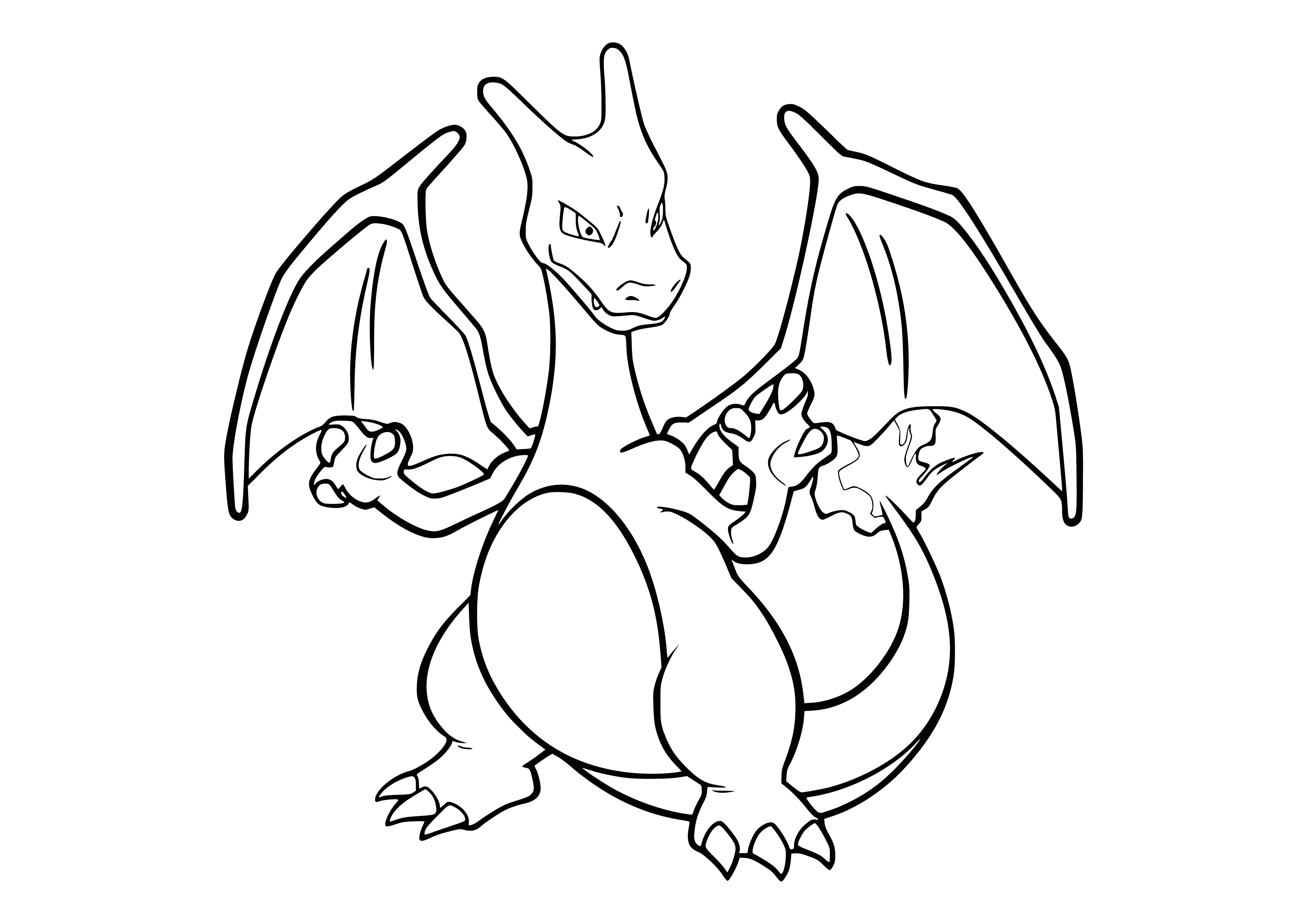 coloring page: Dedicated Charmander evolves into Charizard, possessing wings, orange scales, white belly, and fiery eyes.