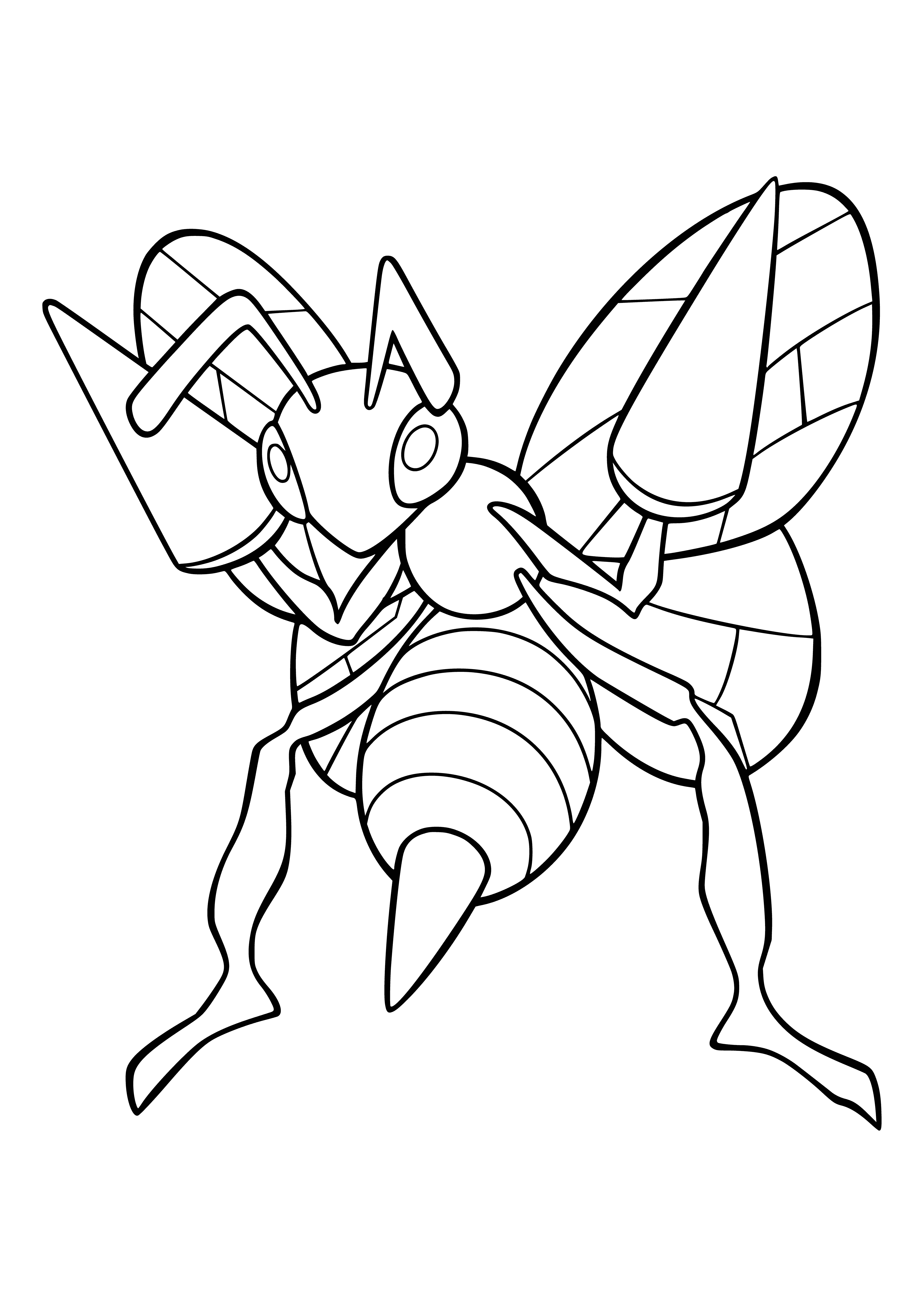 coloring page: Large yellow/black Pokemon w/ 2 thin & 3 thick feelers on head/back, thin 6 legs w/ sharp claws, small black wings.