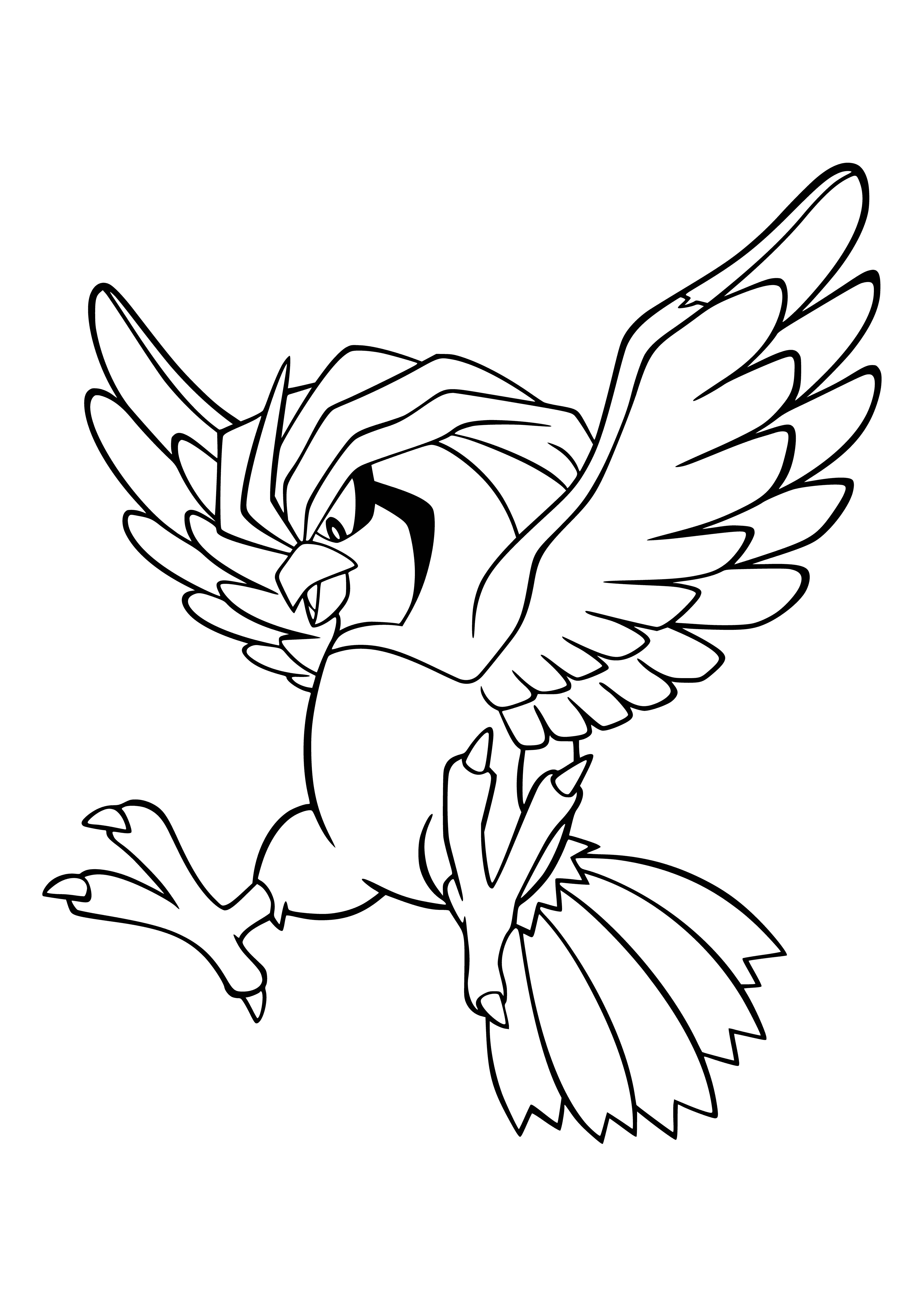 coloring page: Powerful brown bird Pokemon w/long pointed beak & small red feathers on its head. Small black eyes & powerful wings.