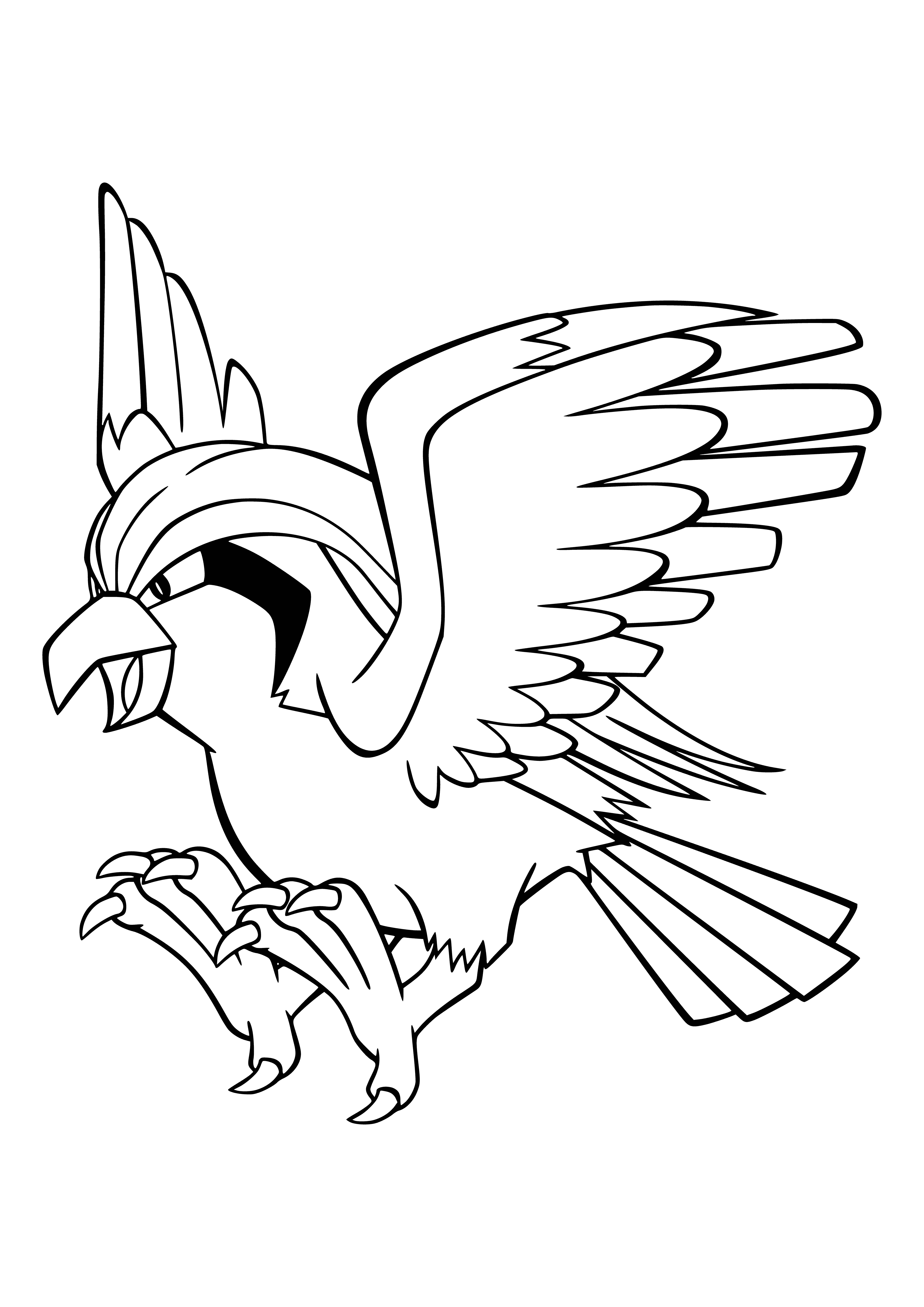 coloring page: Powerful Pidgeot has long neck & legs that allow it to fly at high speeds & create powerful gusts of wind capable of blowing houses down.