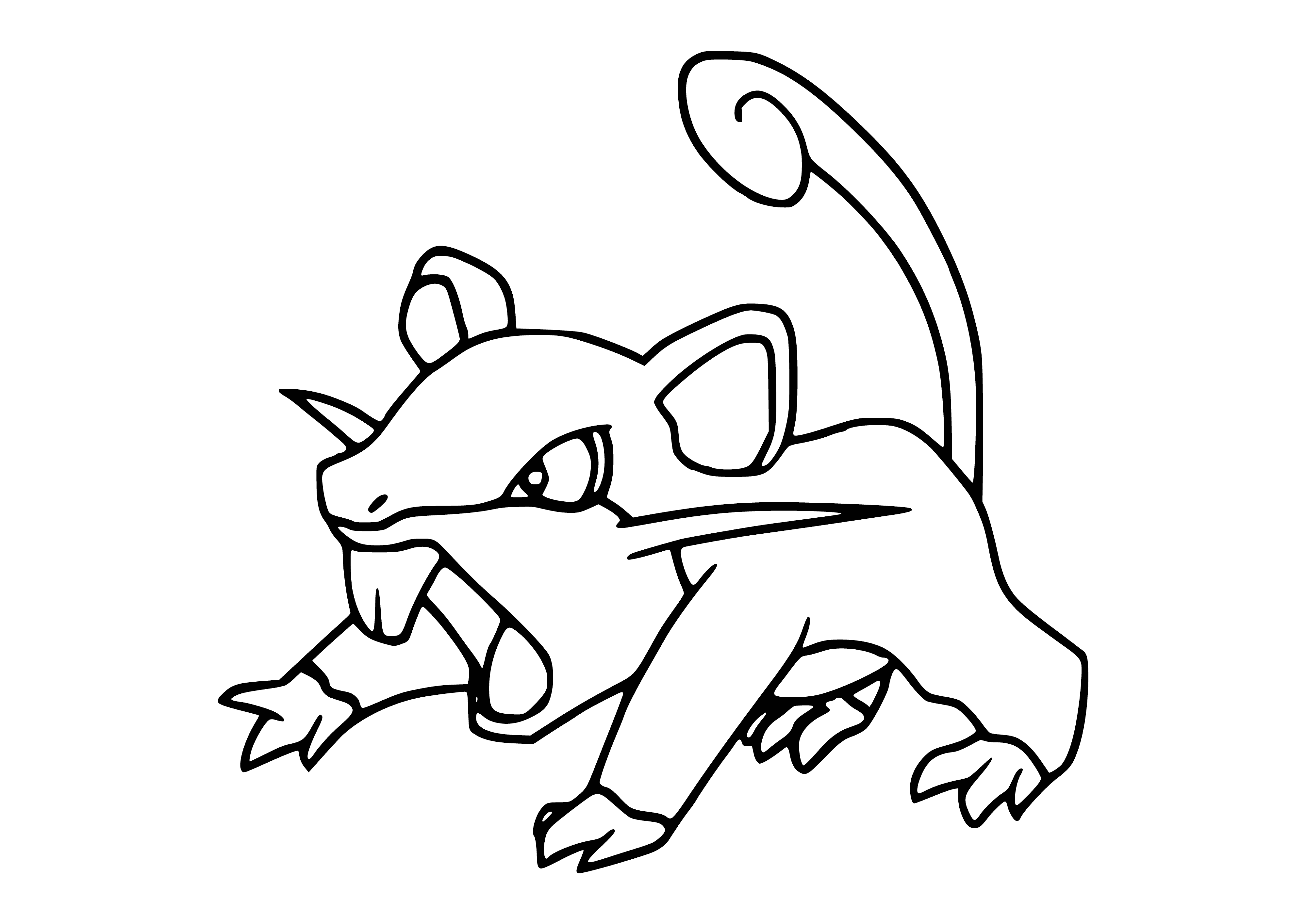 coloring page: Small quadruped rodent Pokemon w/ large head, red eyes, gray fur & brown stripe; long, thin tail.