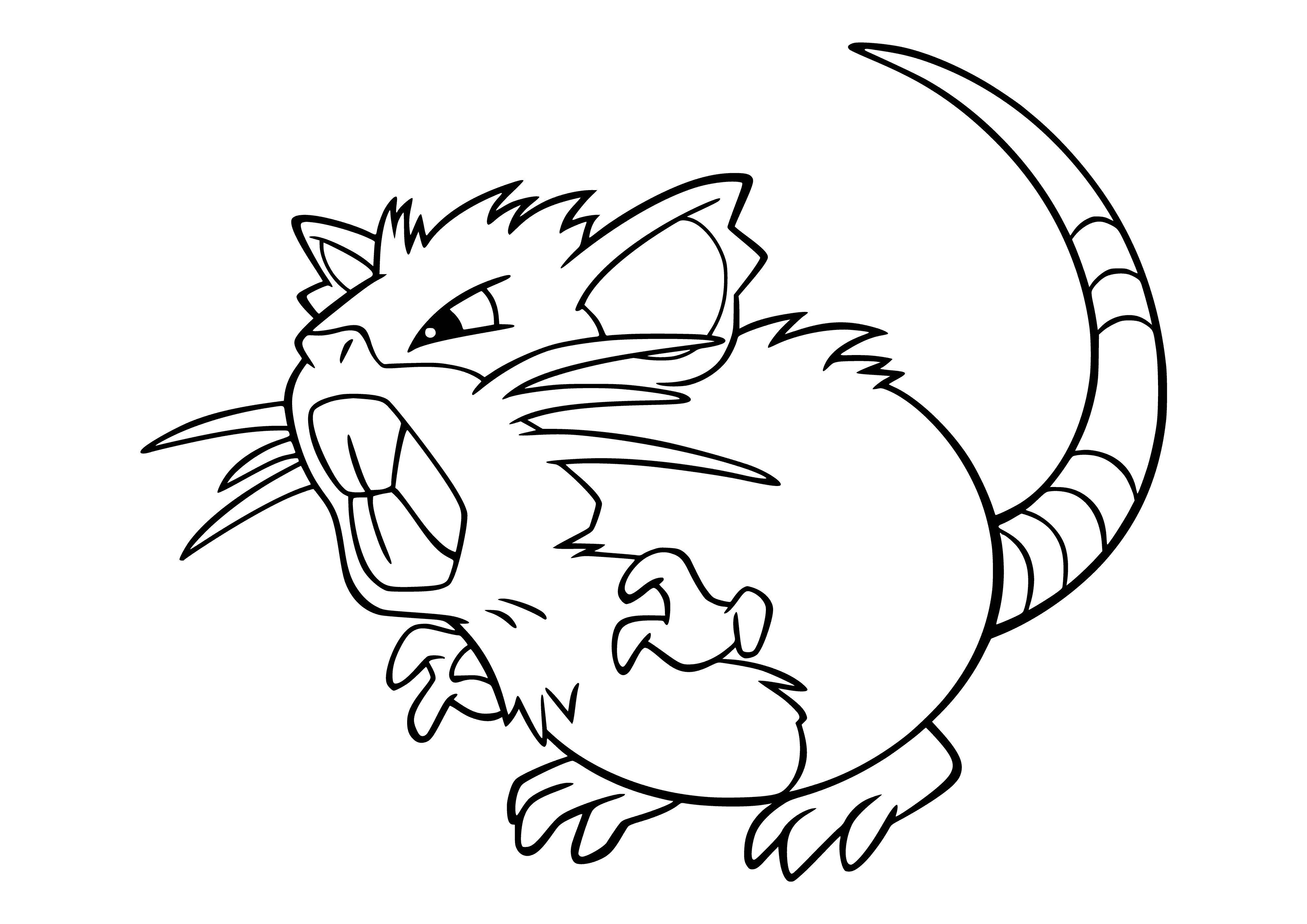coloring page: Raticate is a gray rodent w/ large front teeth, small brown back & tail, black eyes & pink nose, four legs w/ three toes each.