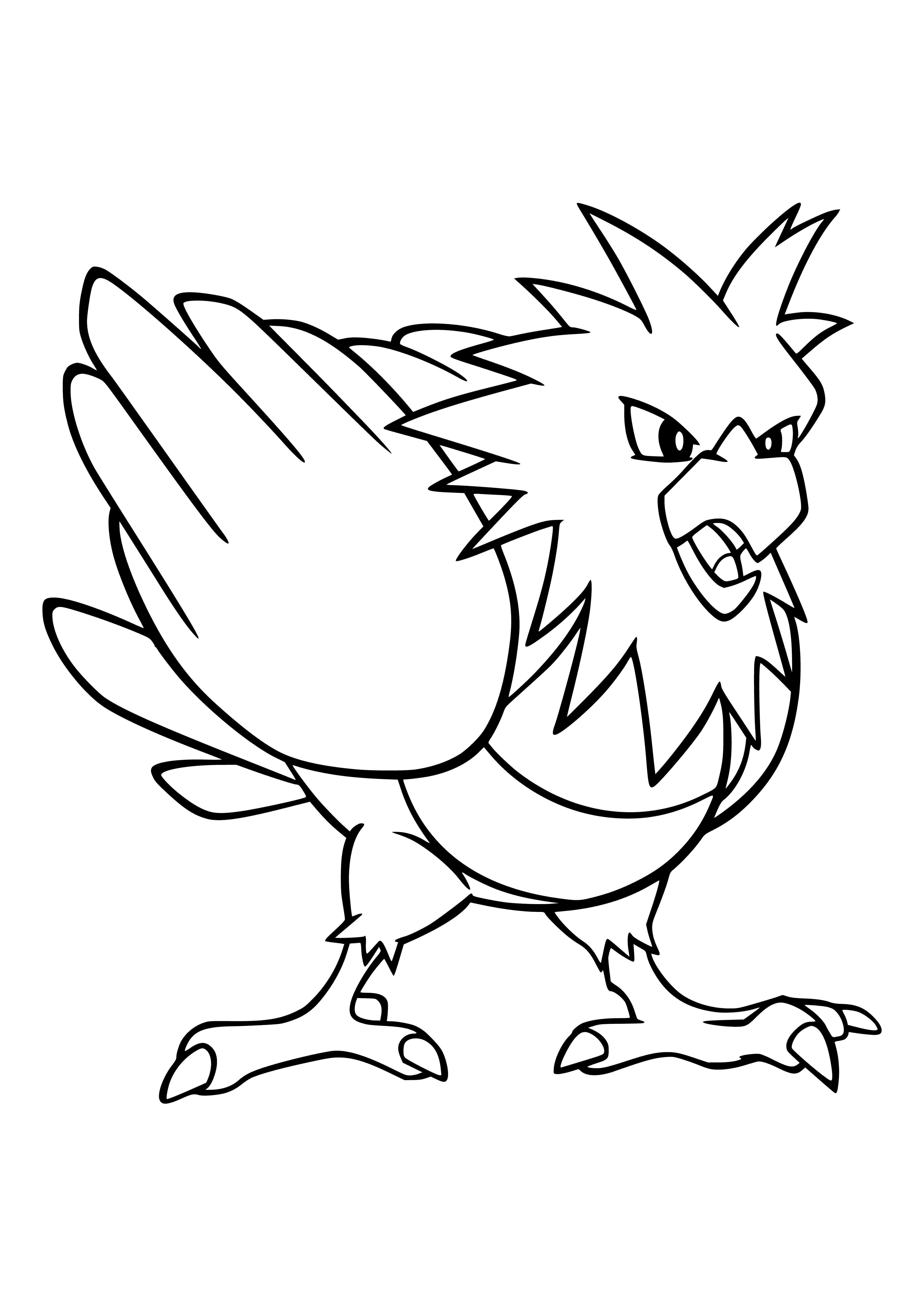 coloring page: Small brown bird Pokemon w/white belly, black crest, long thin beak, black wings w/white stripes & red feet.