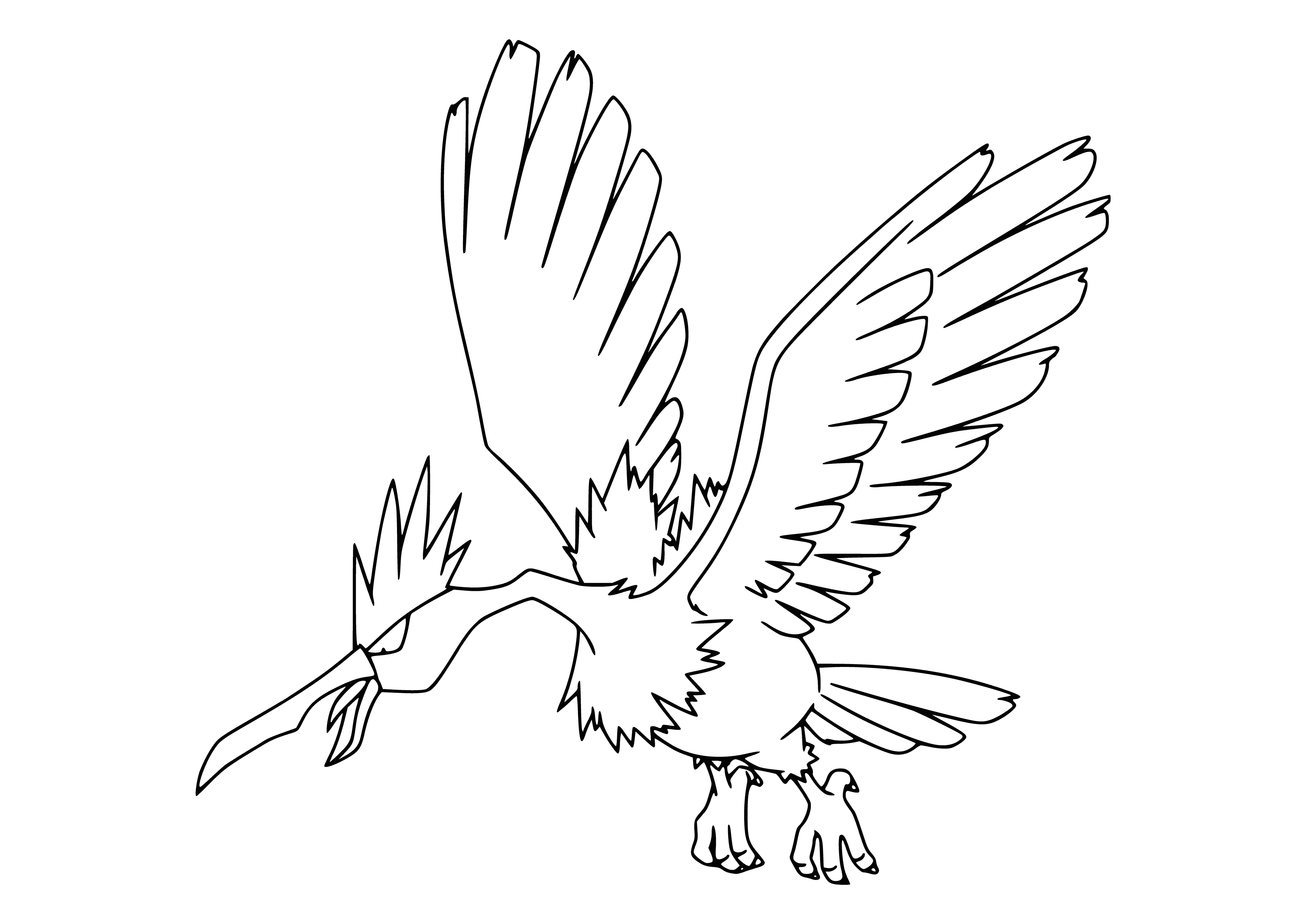coloring page: A blue, spiky Firow Pokemon with white wings, a long tail and two horns on its head. It has two small eyes and a small mouth.