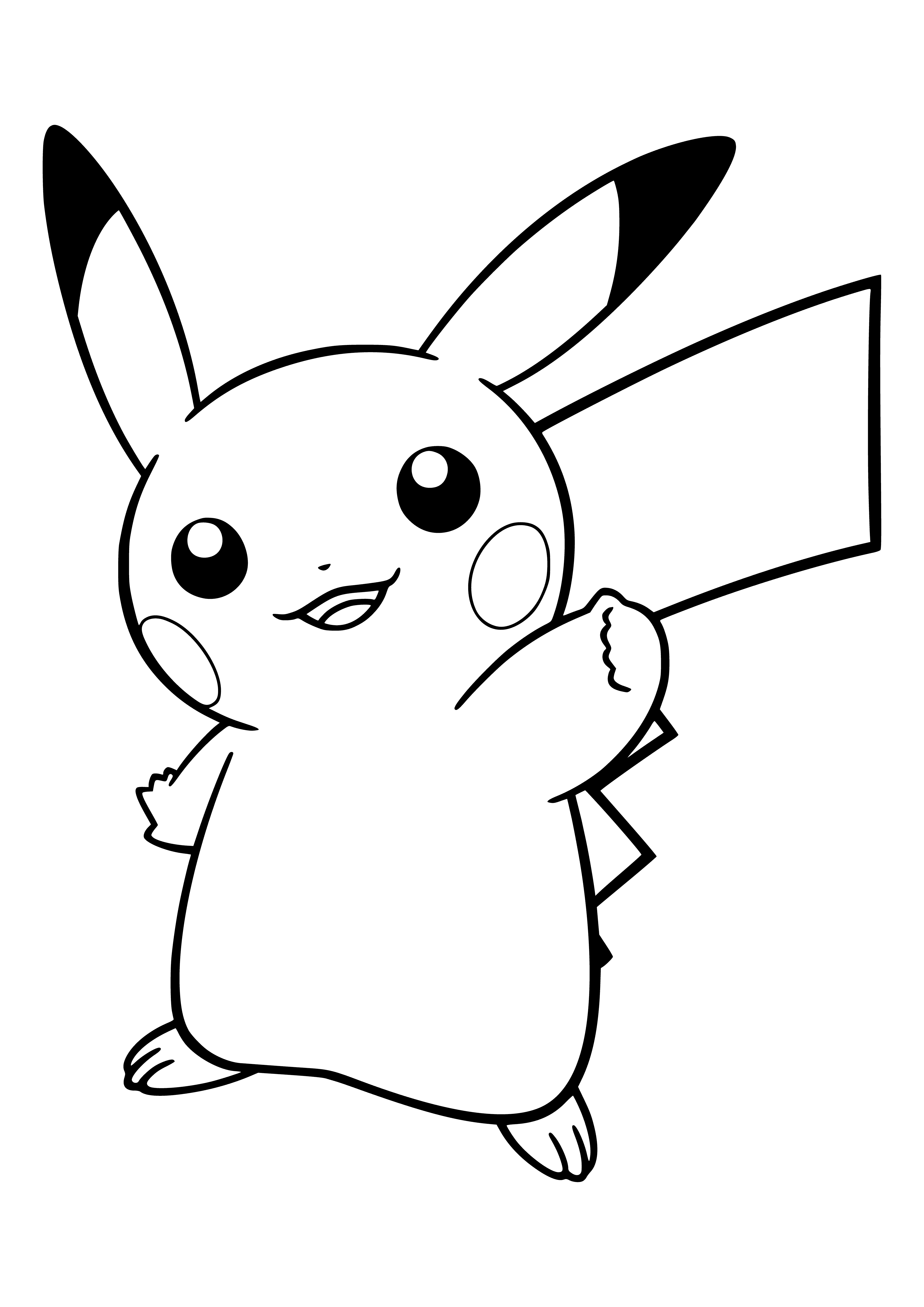 coloring page: A cute, yellow Pokémon with black stripes, a lightning bolt tail and red eyes. Often found evolving from Pichu, Pikachu is known for its electric charges from its cheeks when it's ready to fight.