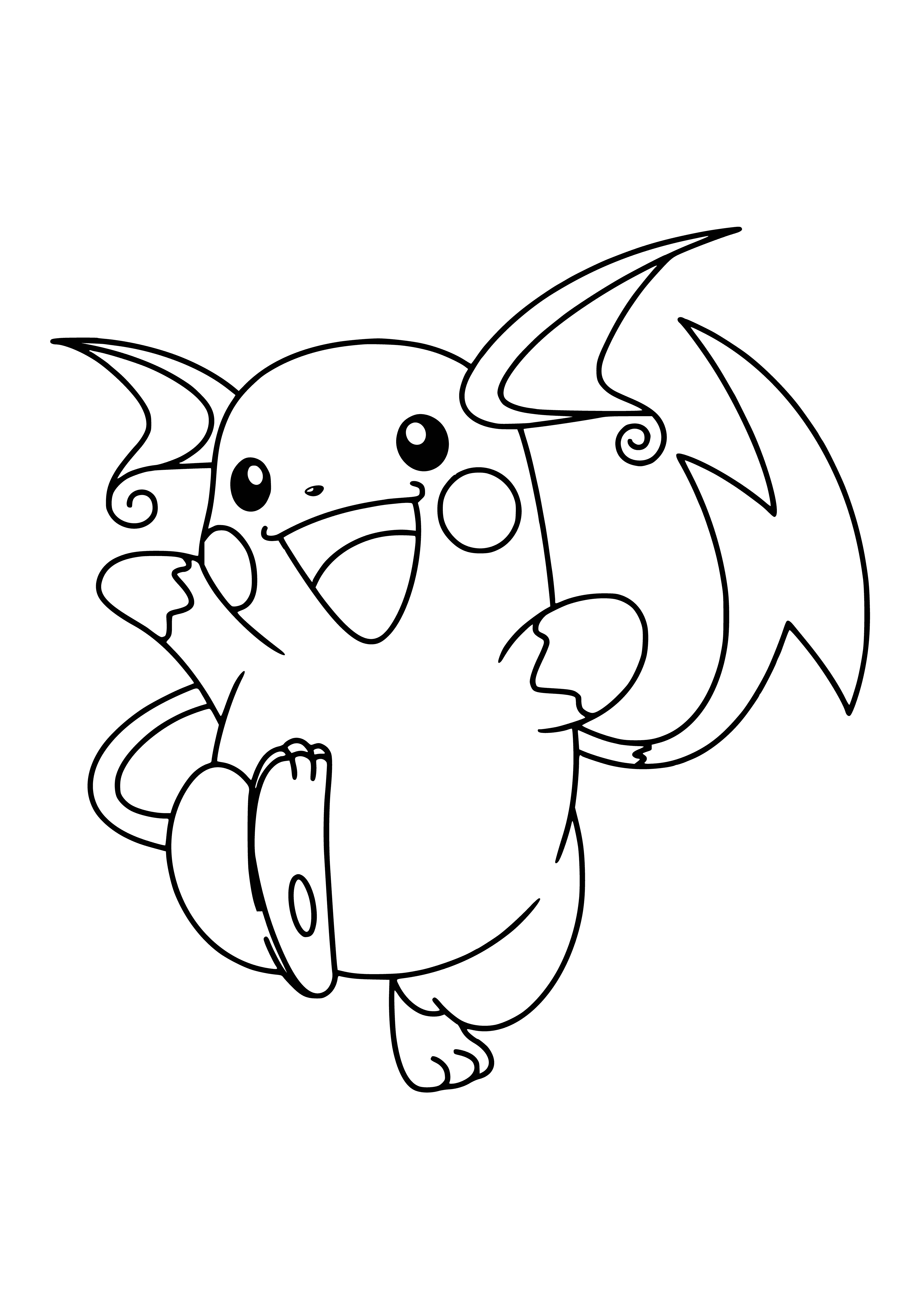 coloring page: Raichu stands on hind legs with long tail, brown body, white belly, pointed ears, large red nose, black eyes, yellow circles, & small triangular teeth.