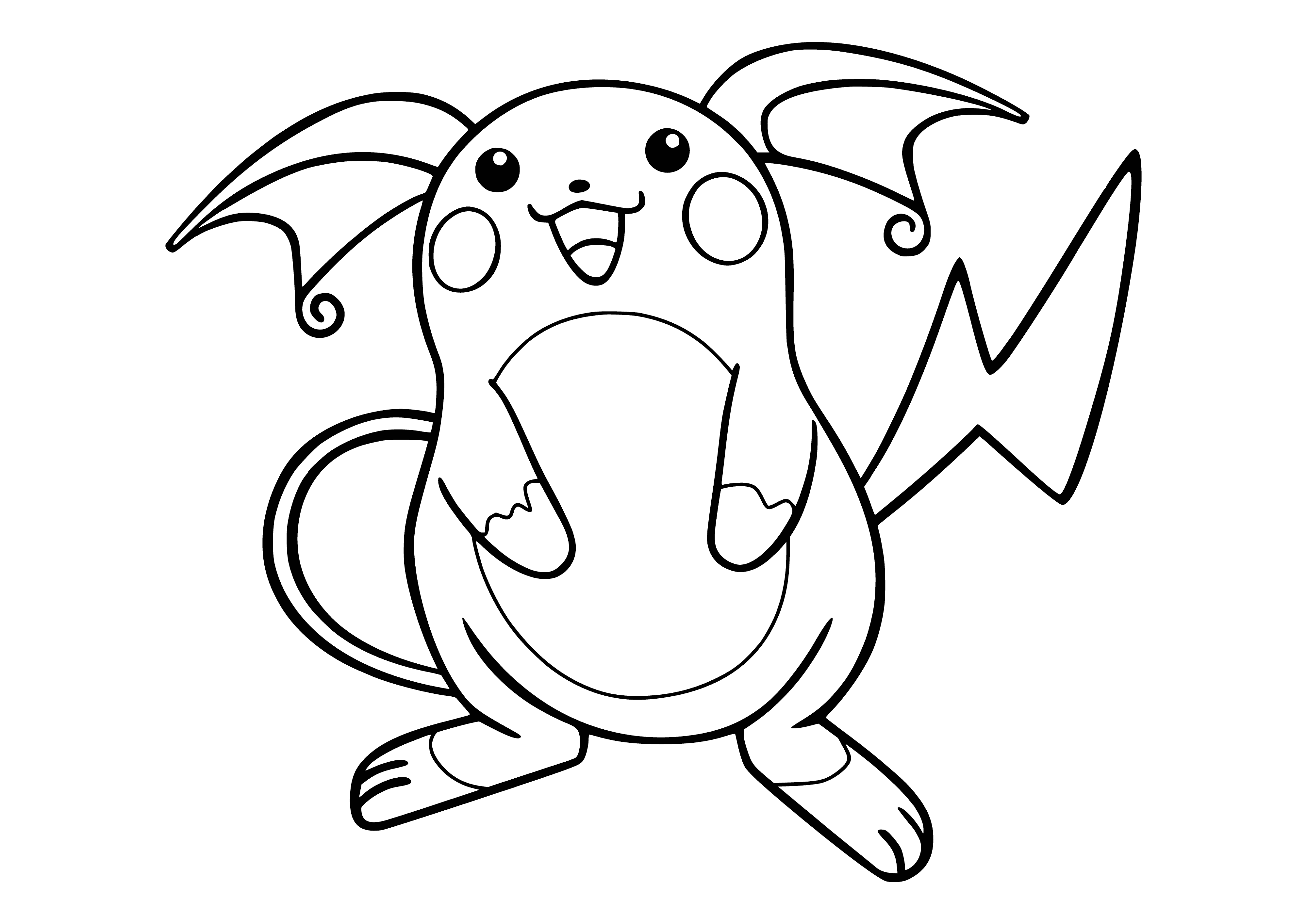 coloring page: Raichu: Brown fur w/ yellow stripes, long ears & tail, large round eyes, red cheeks, black paws. Generates electricity.