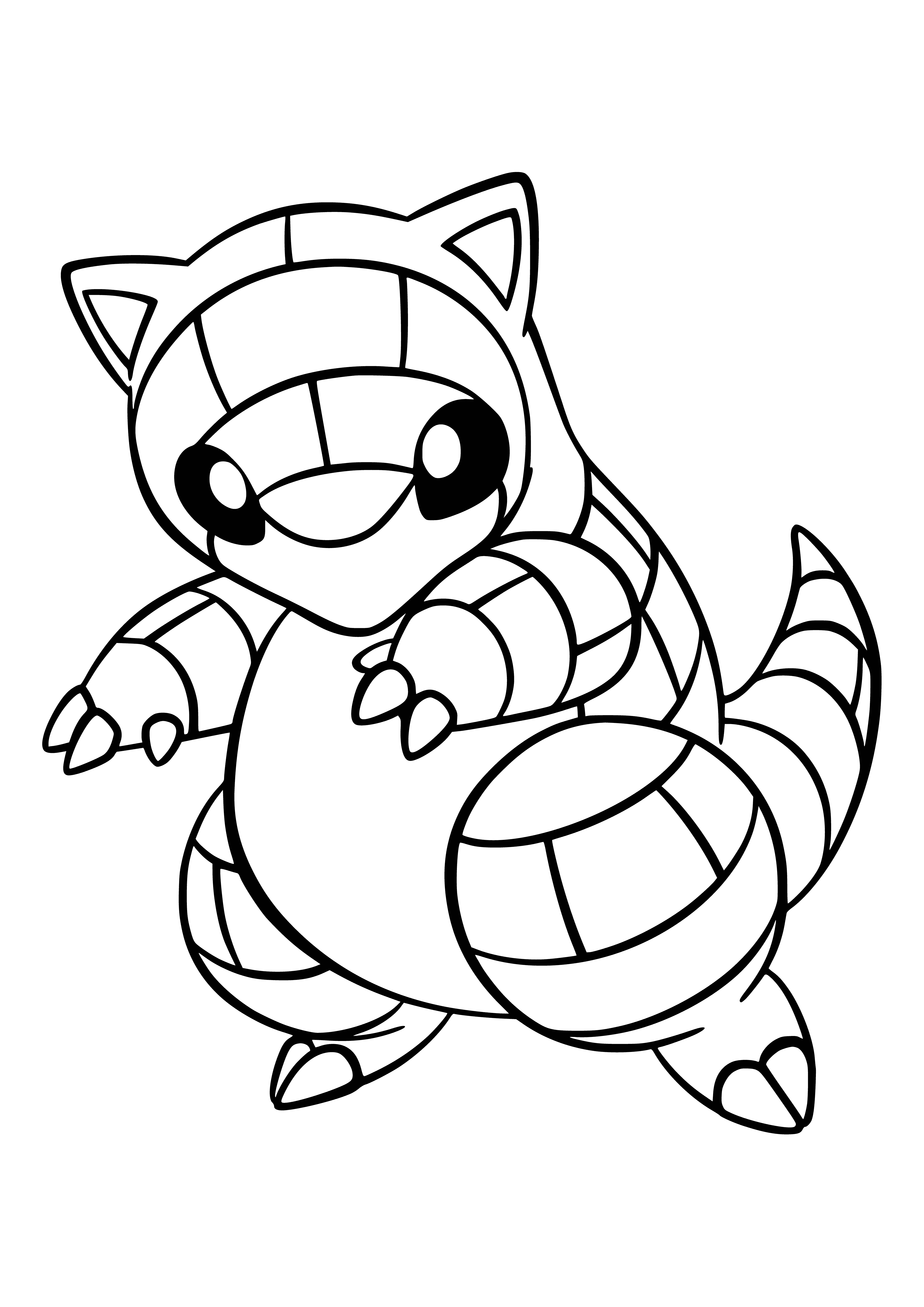coloring page: Pokemon Sandshrew: Gray, rodent-like Pokemon w/ short stubby tail & large head. 3 clawed toes on each foot. Black eyes & forelegs longer than hind legs.