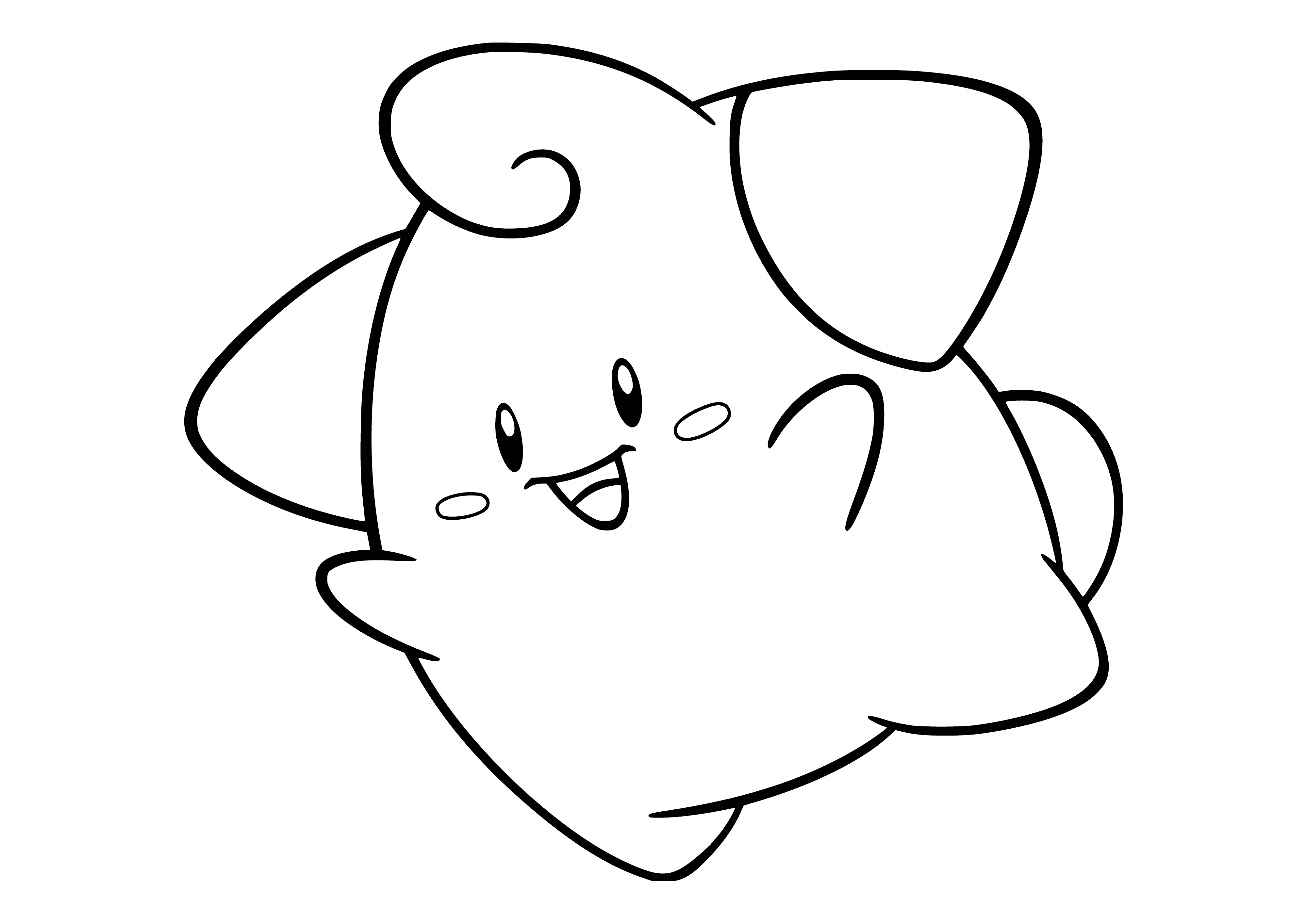 coloring page: Small, pink Pokémon w/ large head & wide mouth. Covered in soft, fluffy fur. Evolves into Clefairy.
