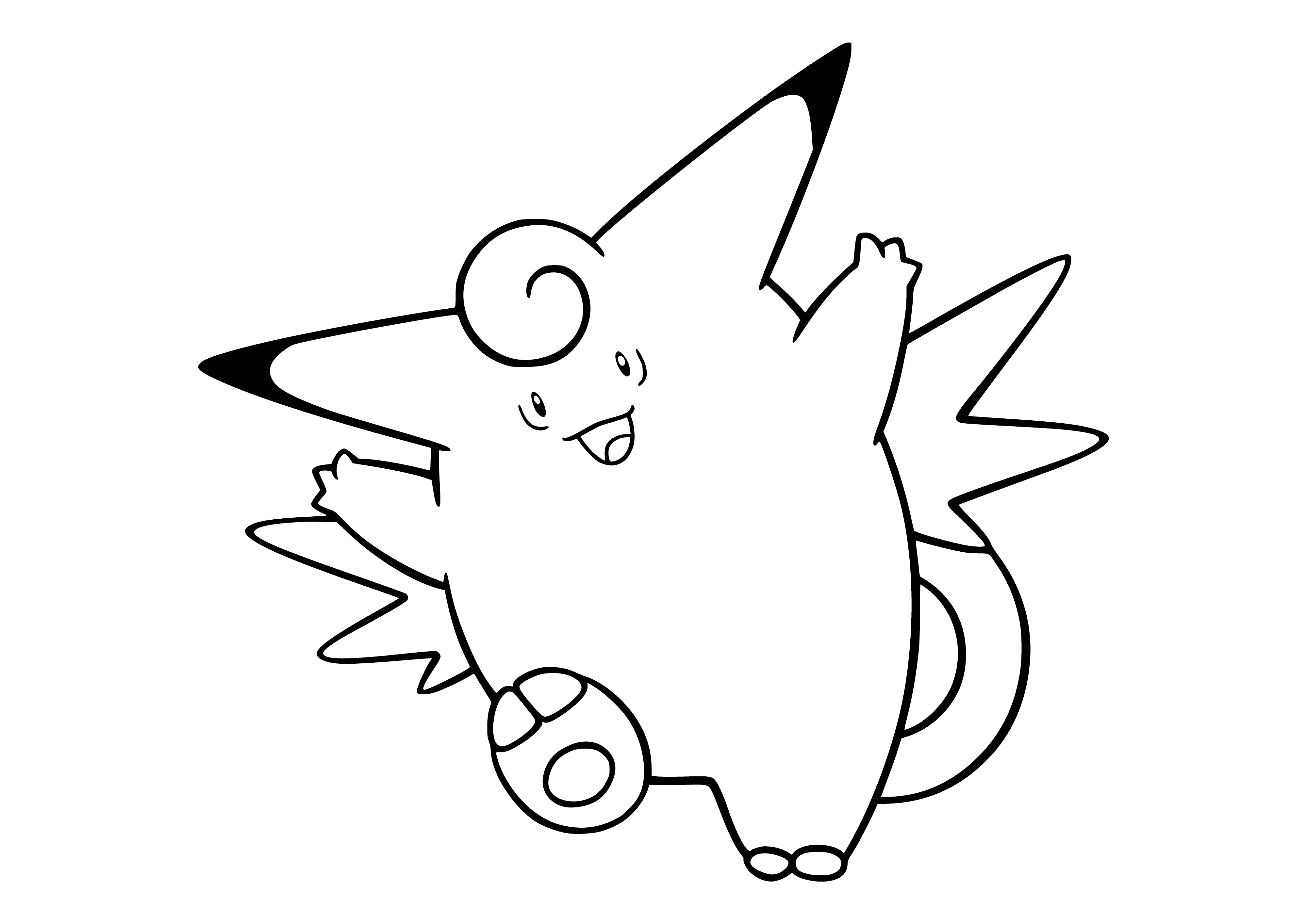 coloring page: Pink Pokémon with white ruff, black nose, oval eyes, white balls on head, four wings, and long, fluffy tail.