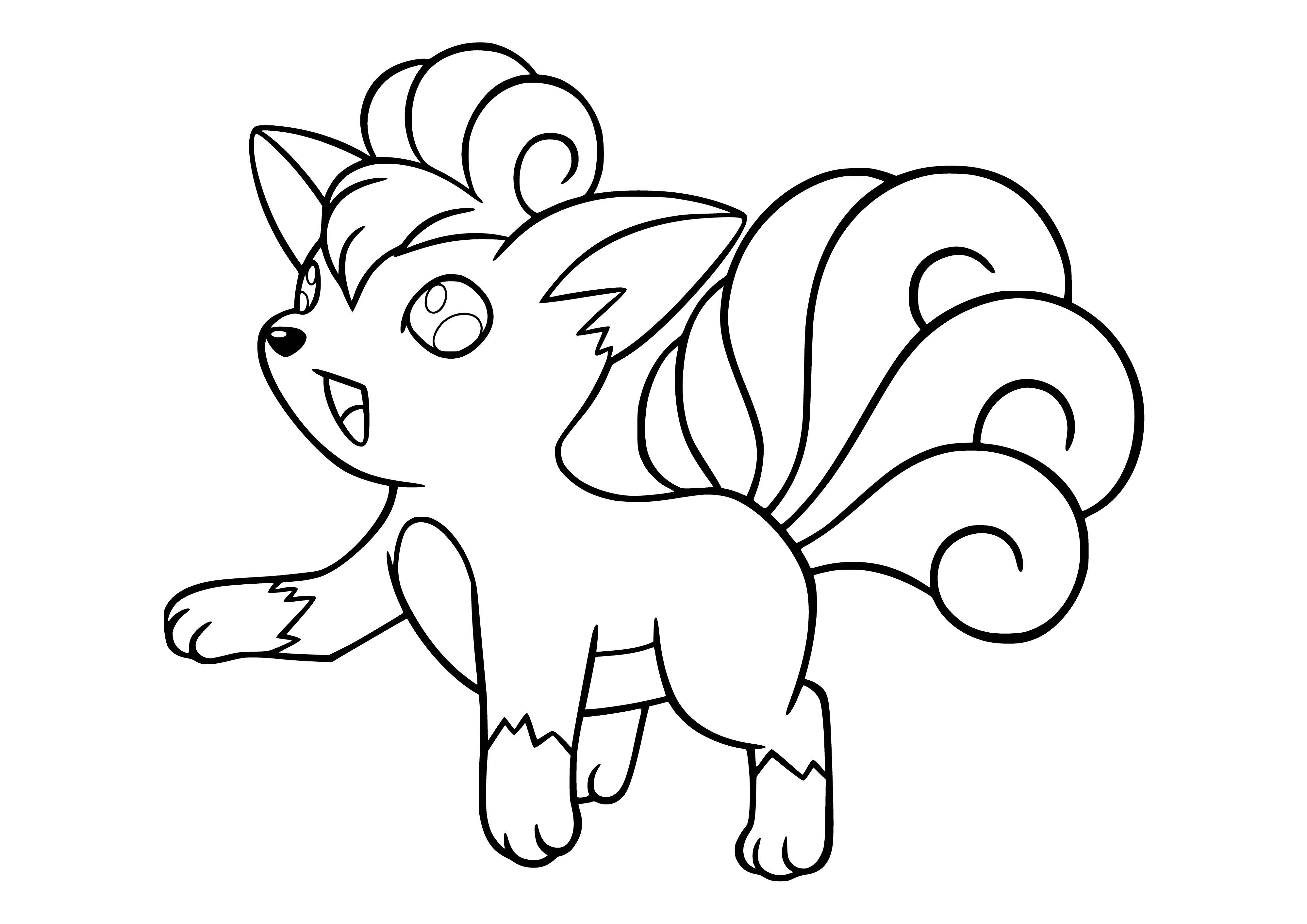 coloring page: Vulpix is a fox-like Pokemon with red-brown fur, six yellow-tipped tails, yellow eyes & black nose.