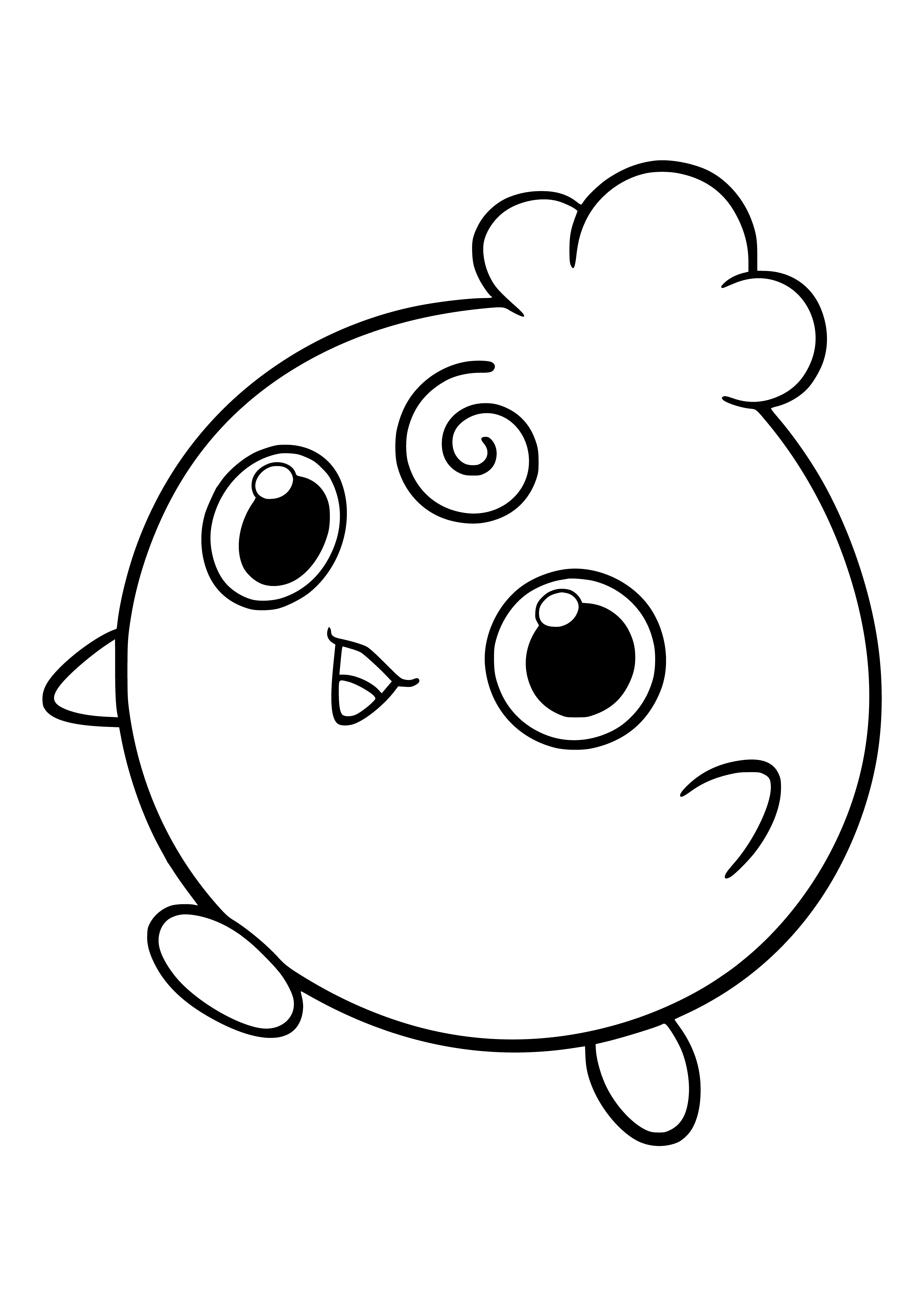 coloring page: Small, green Pokemon w/ white stomach, big blue eyes & small mouth. Arms & legs short & stubby, two small bumps on back.