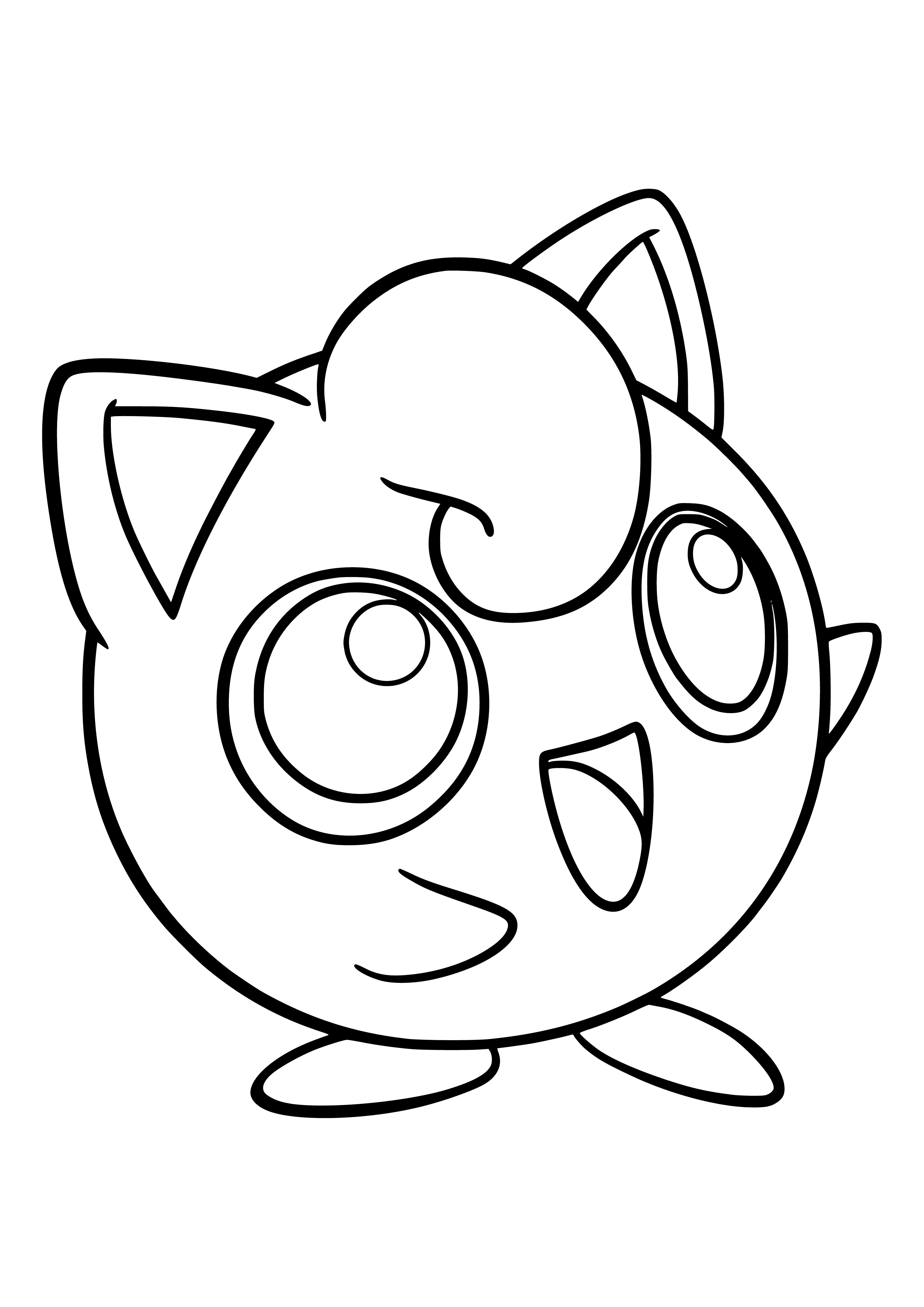 coloring page: Jigglypuff is a pink balloon-like Pokemon with fluffy white fur, horns & pointed tail. When it sings, its listeners fall asleep. #Pokemon