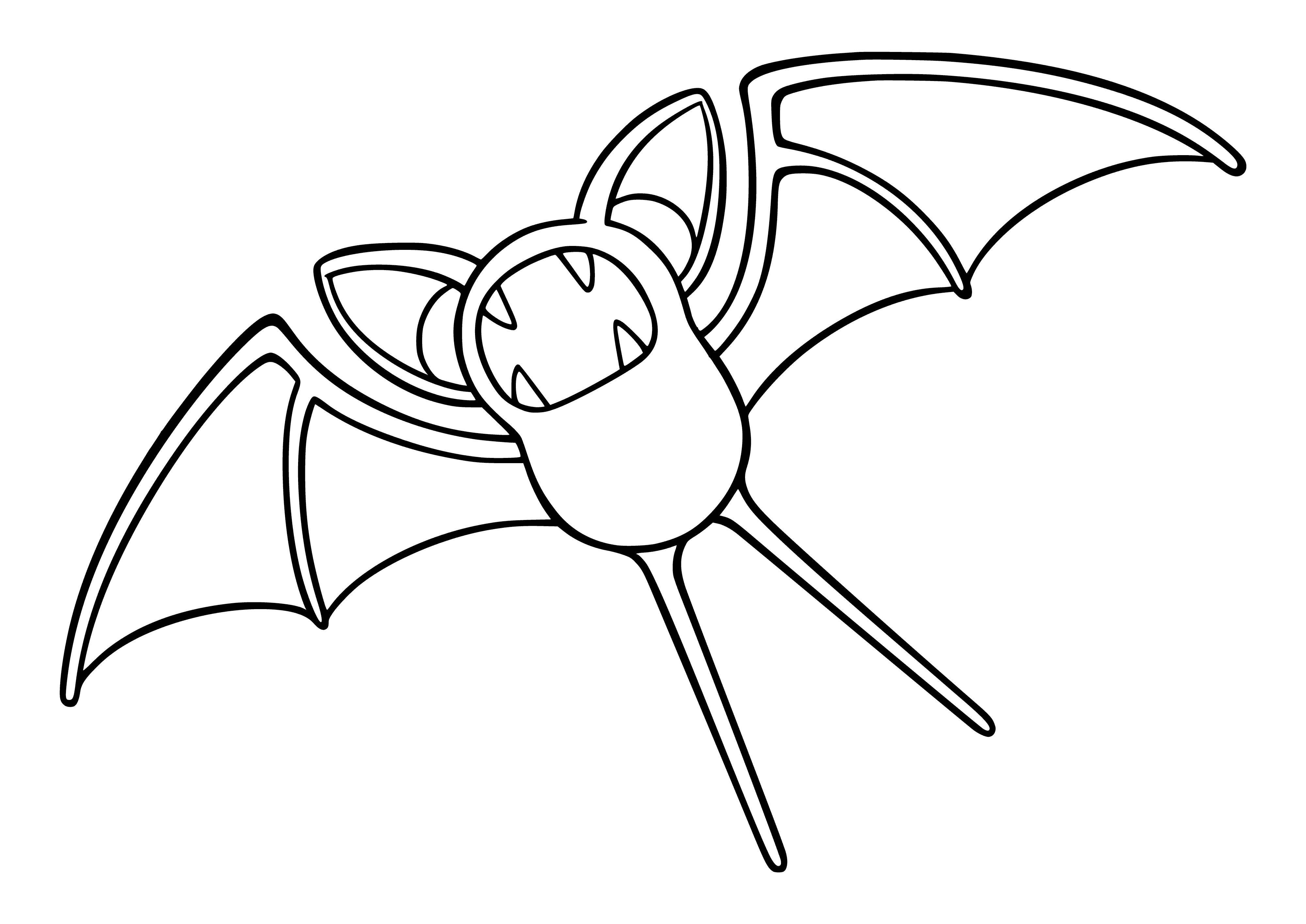 coloring page: A small, blue bat-like Pokémon with red eyes, sharp teeth, webbed wings, and a small tail. Flying-type. #Pokemon