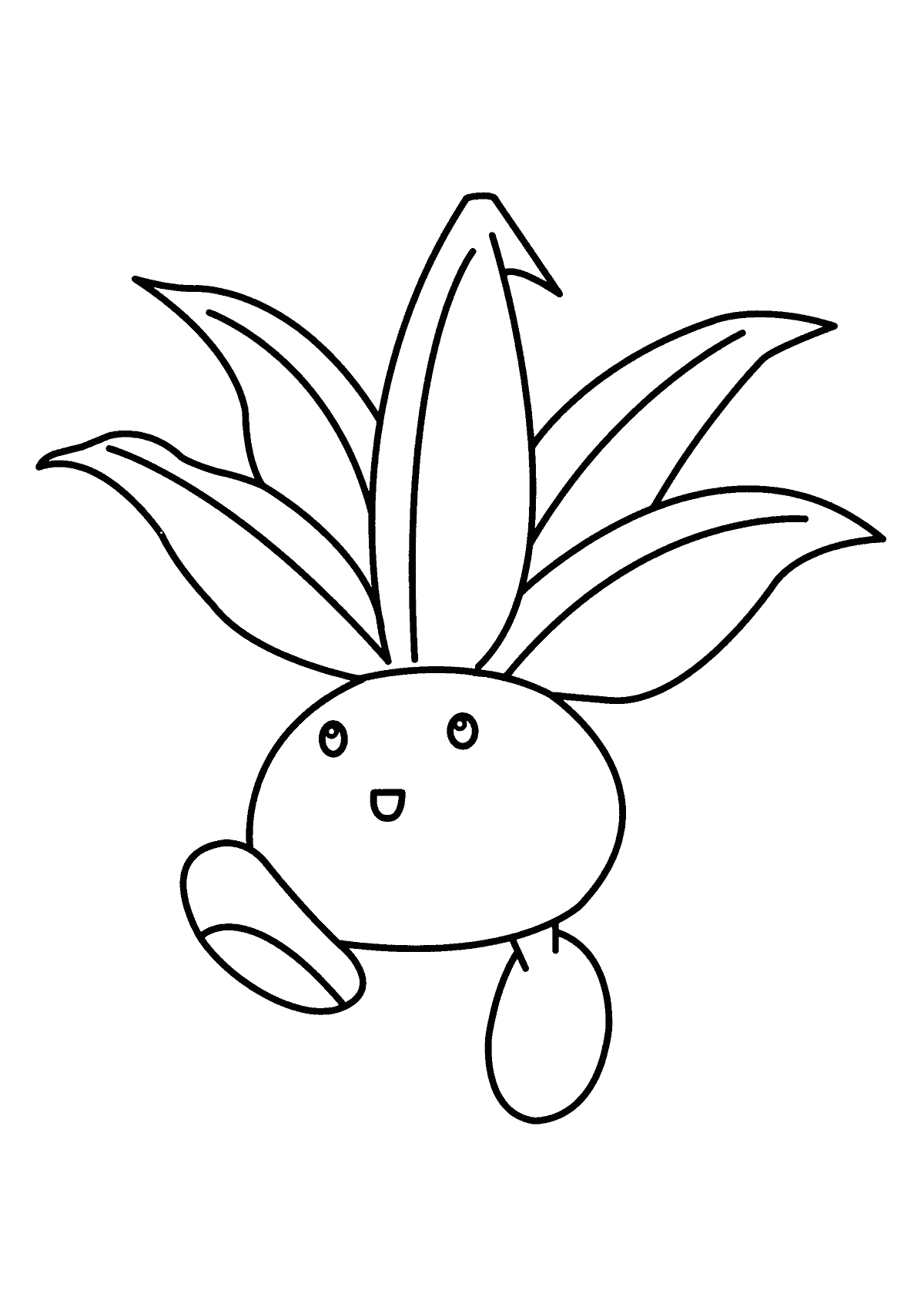 coloring page: Pokémon Oddish is a small dark-blue Pokémon w/ round body, large oval eyes, 2 small leaves on head & a leaf on back, 4 small legs.