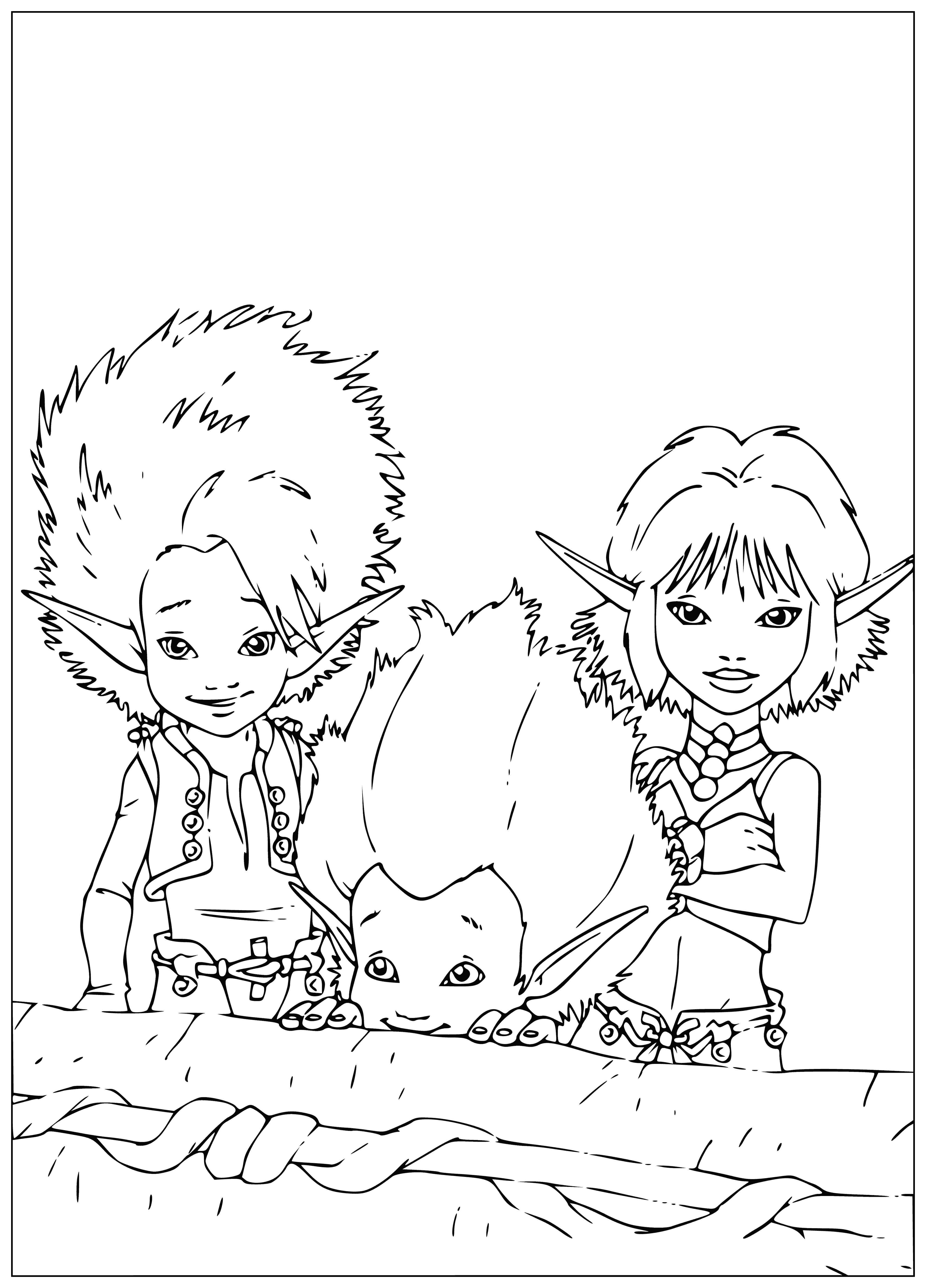 coloring page: Boy reaching out, girl looking on, brown creature smiling in the background: a heartwarming scene. #family #love