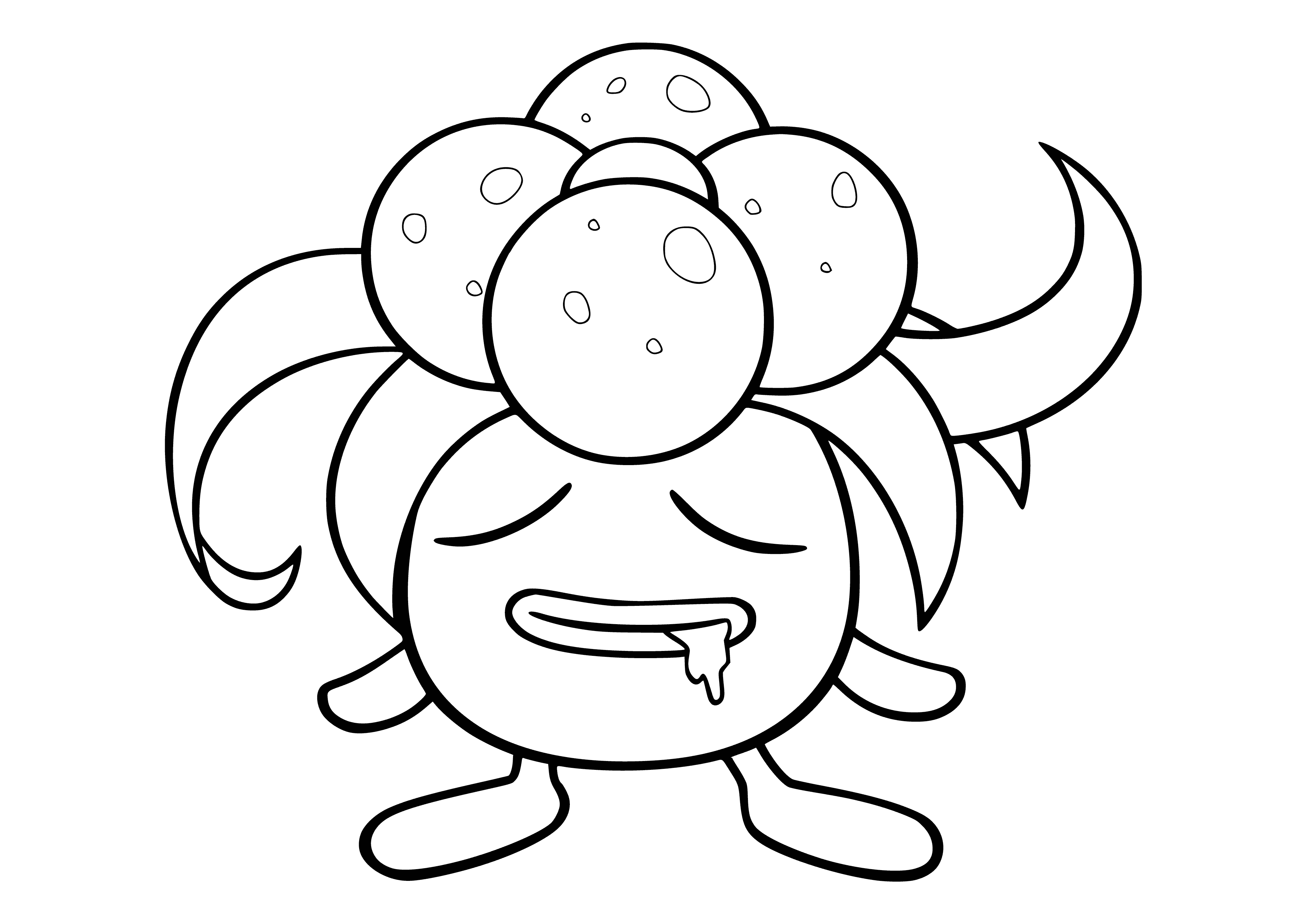 coloring page: Glum is a plant/poison Pokémon with a big blue head, yellow eyes, blue body, 2 yellow legs & a yellow flower on its back. Evolves from Oddish & into Vileplume.