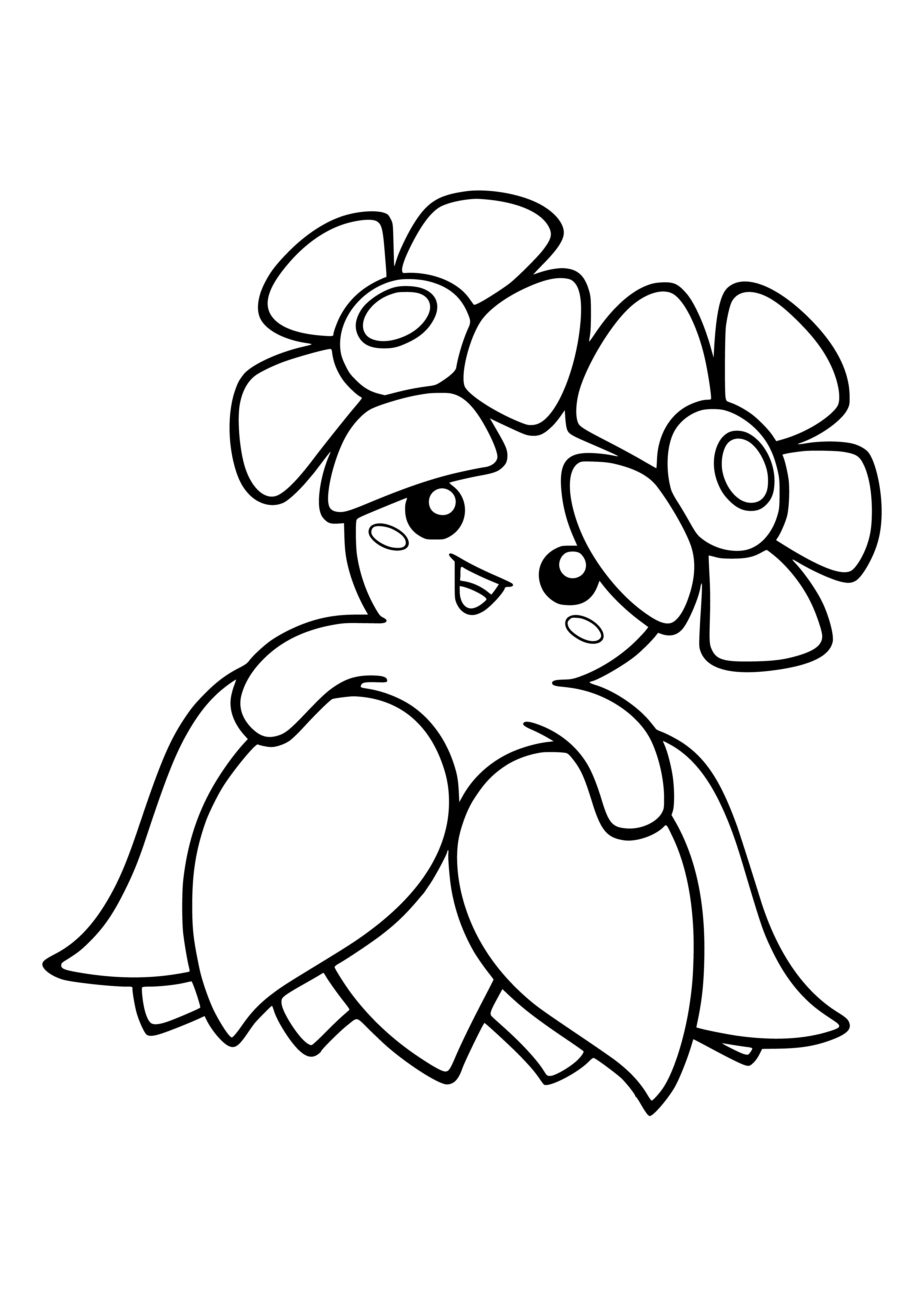 coloring page: Bellossom is a flowery Pokemon with blue eyes & pink/white petals. Its body is green with a long stem & leaves; it evolves from Gloom.