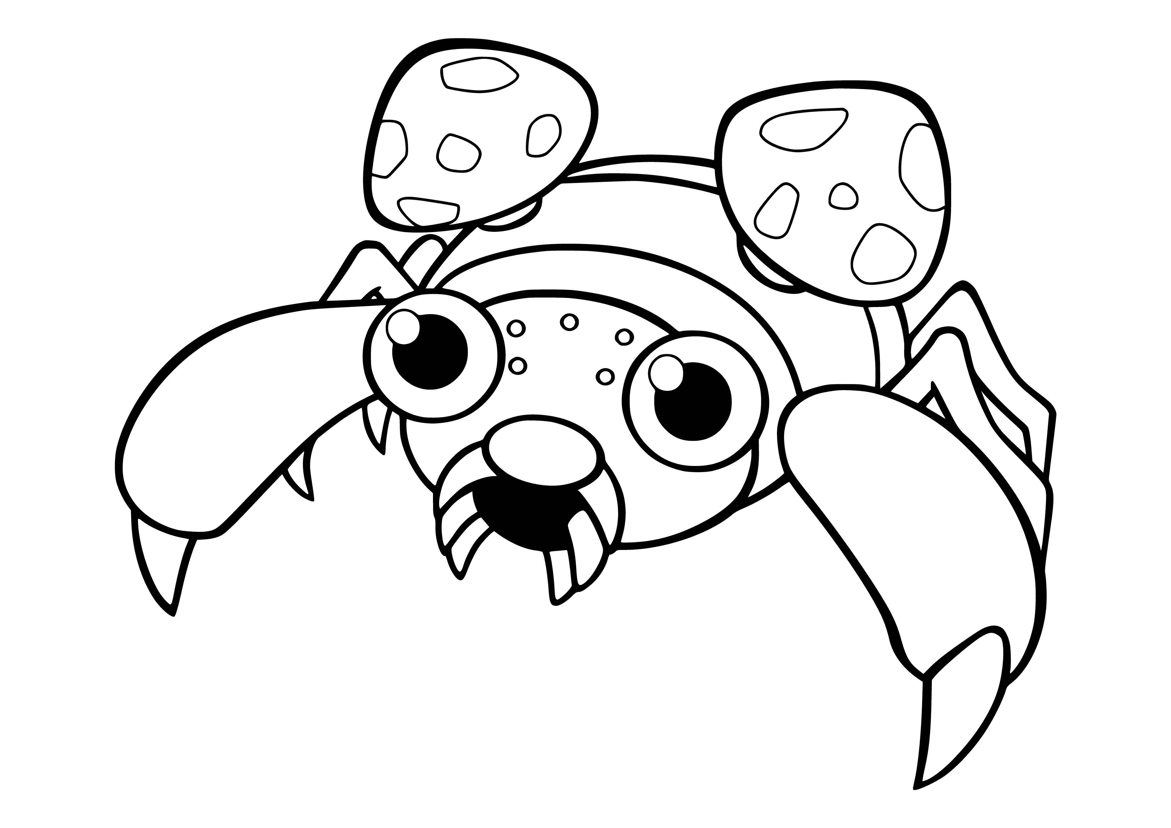 coloring page: Small red & yellow caterpillar-like Pokemon has black dots & big eyes, plus two black horn-like objects on its head.