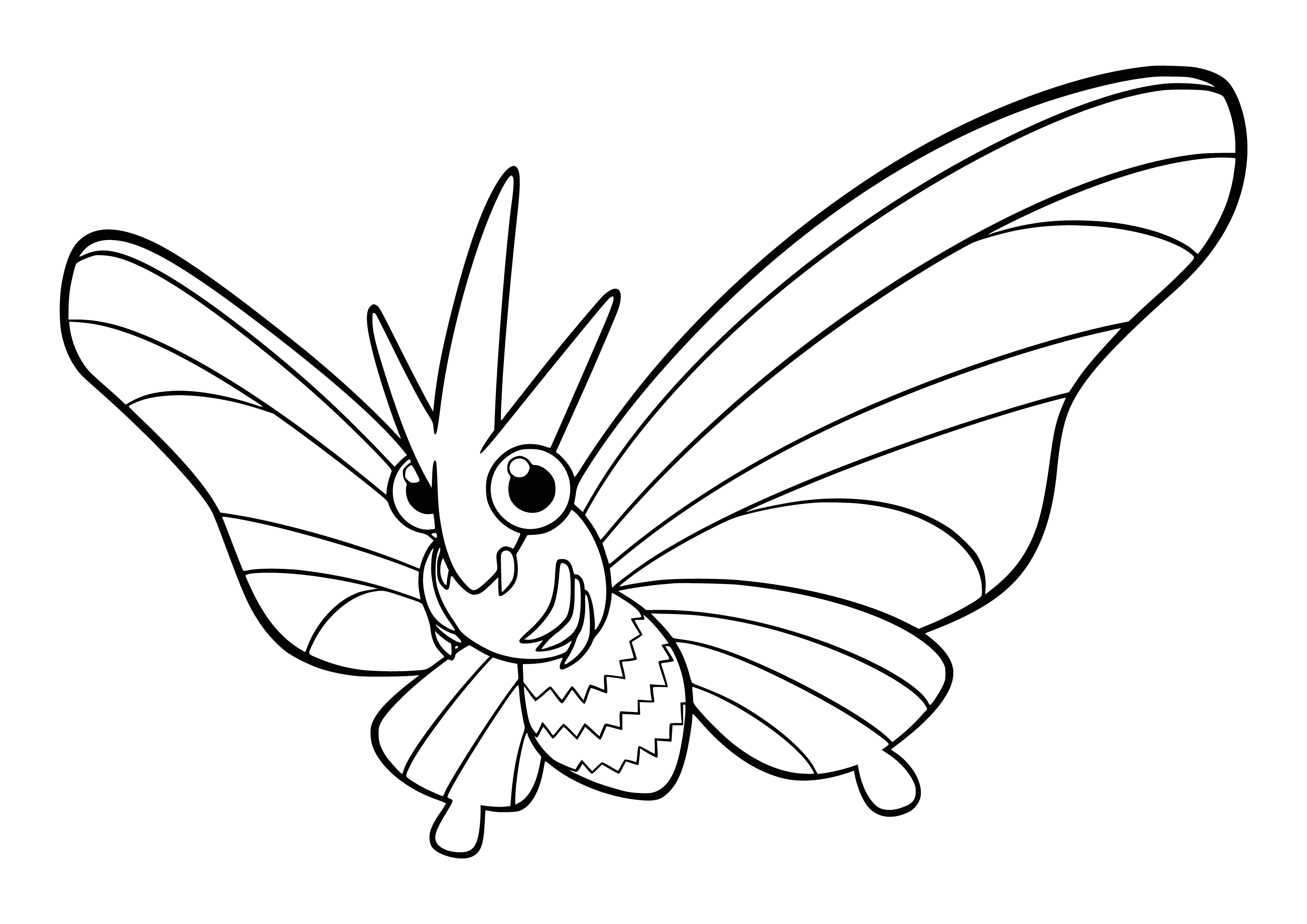coloring page: Venomoth is a large moth w/ paralytic dust-covered wings, red eyes, purple body & black wings w/ red & yellow markings. It has a long proboscis to suck up prey juices.
