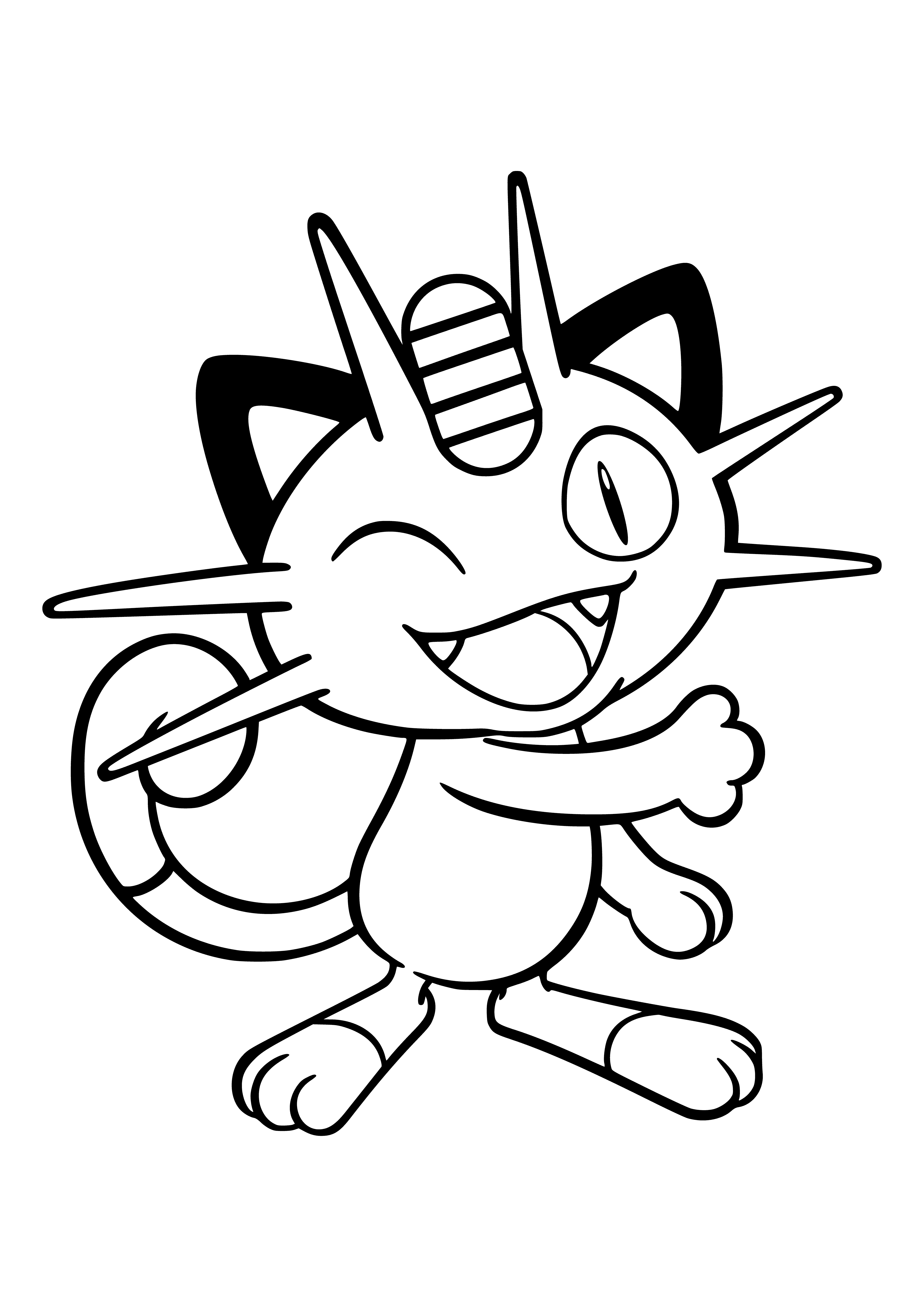 coloring page: A small, quadrupedal Pokémon w/brown coat, cream belly, & black stripes. It has green eyes, triangular black nose, & black spade-tipped tail. Each paw has 3 black claws & can walk on hind legs.