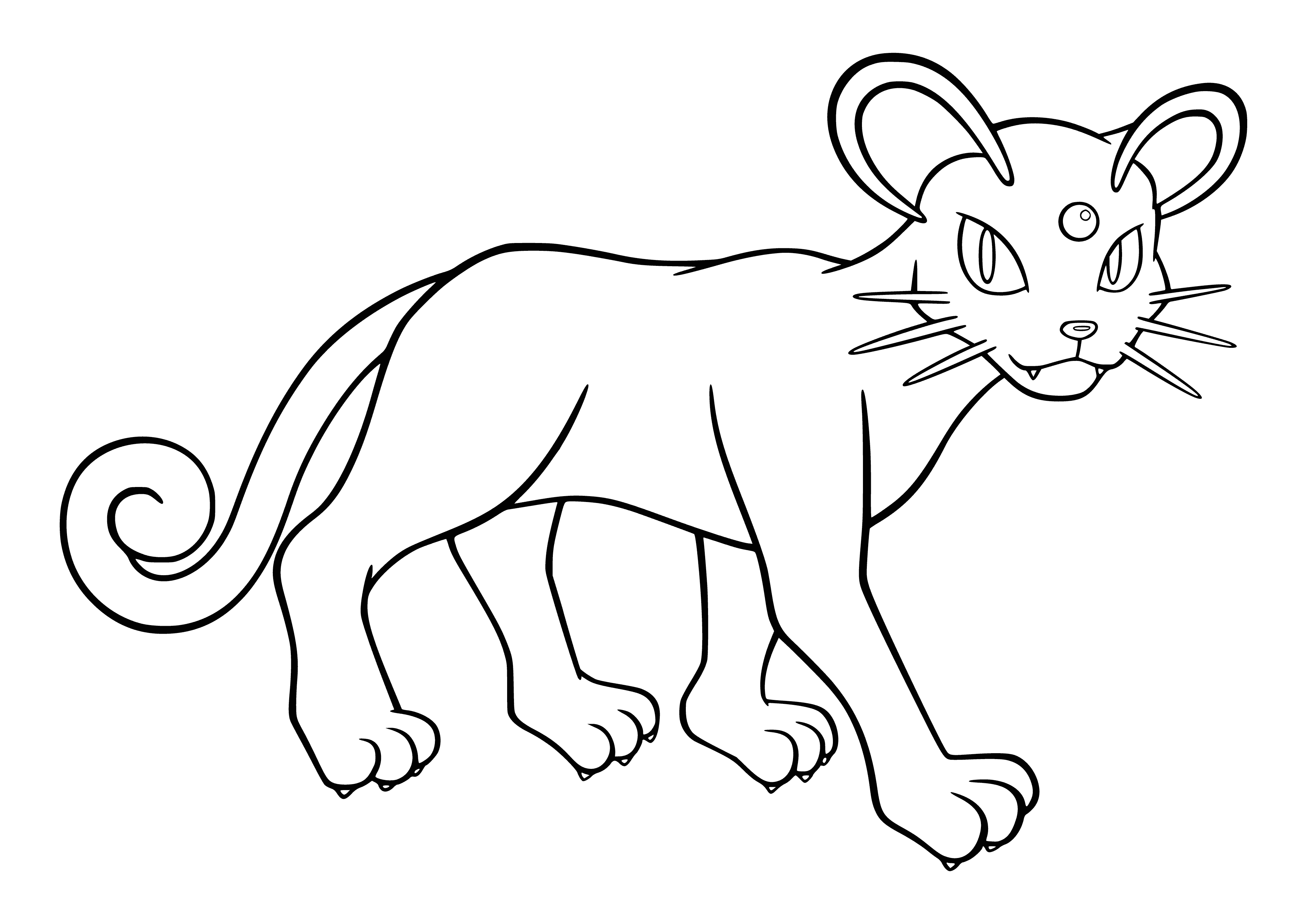 coloring page: Sleek and elegant Persian is a powerful and fast Pokemon, evolving from Meowth with long fur, bushy tail, big eyes, and small ears. Cunning and deceptive.