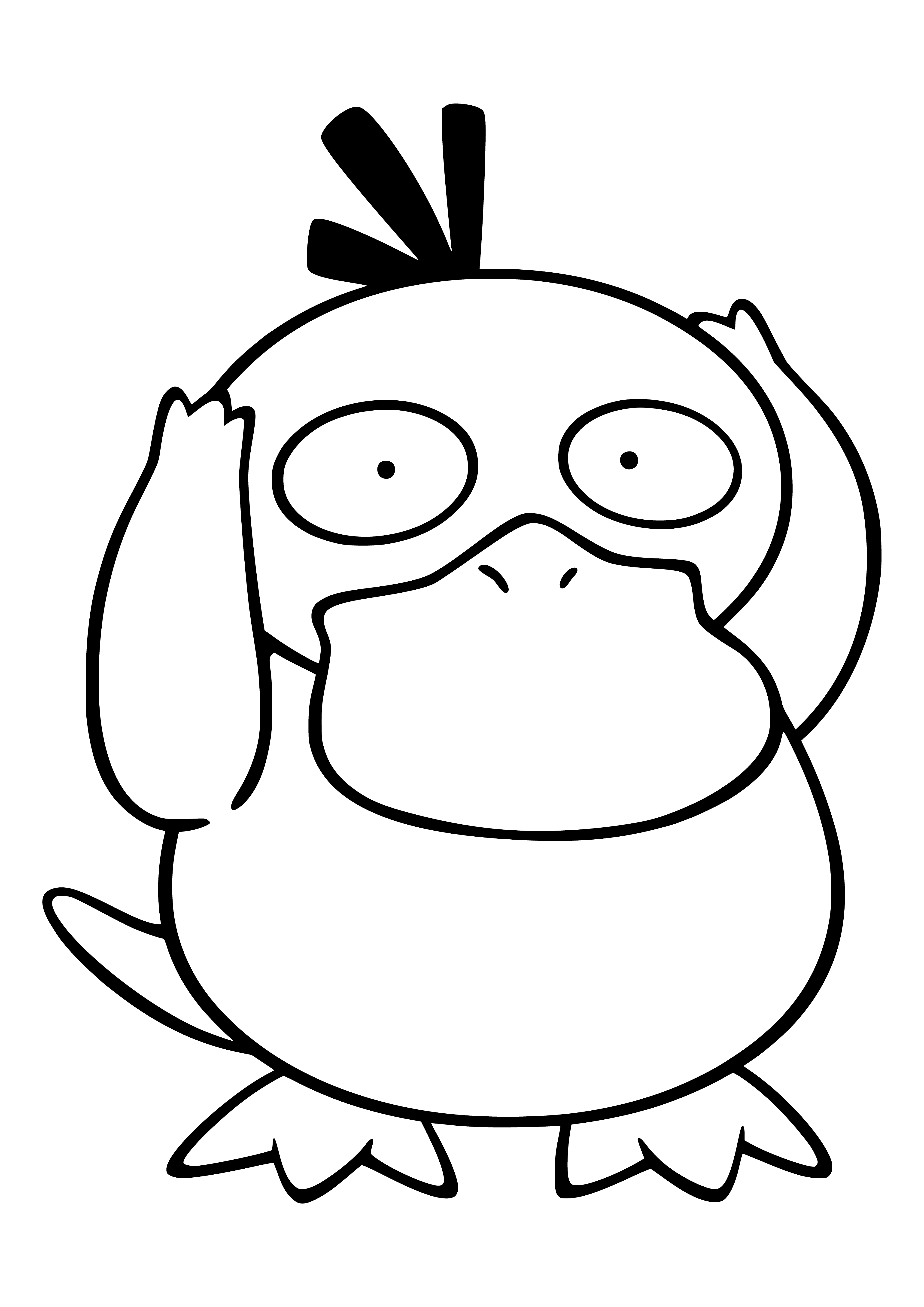 coloring page: Psyduck is yellow w/ blue bill, webbed feet, vacant face, large eyes; 3 brown bumps on head.
