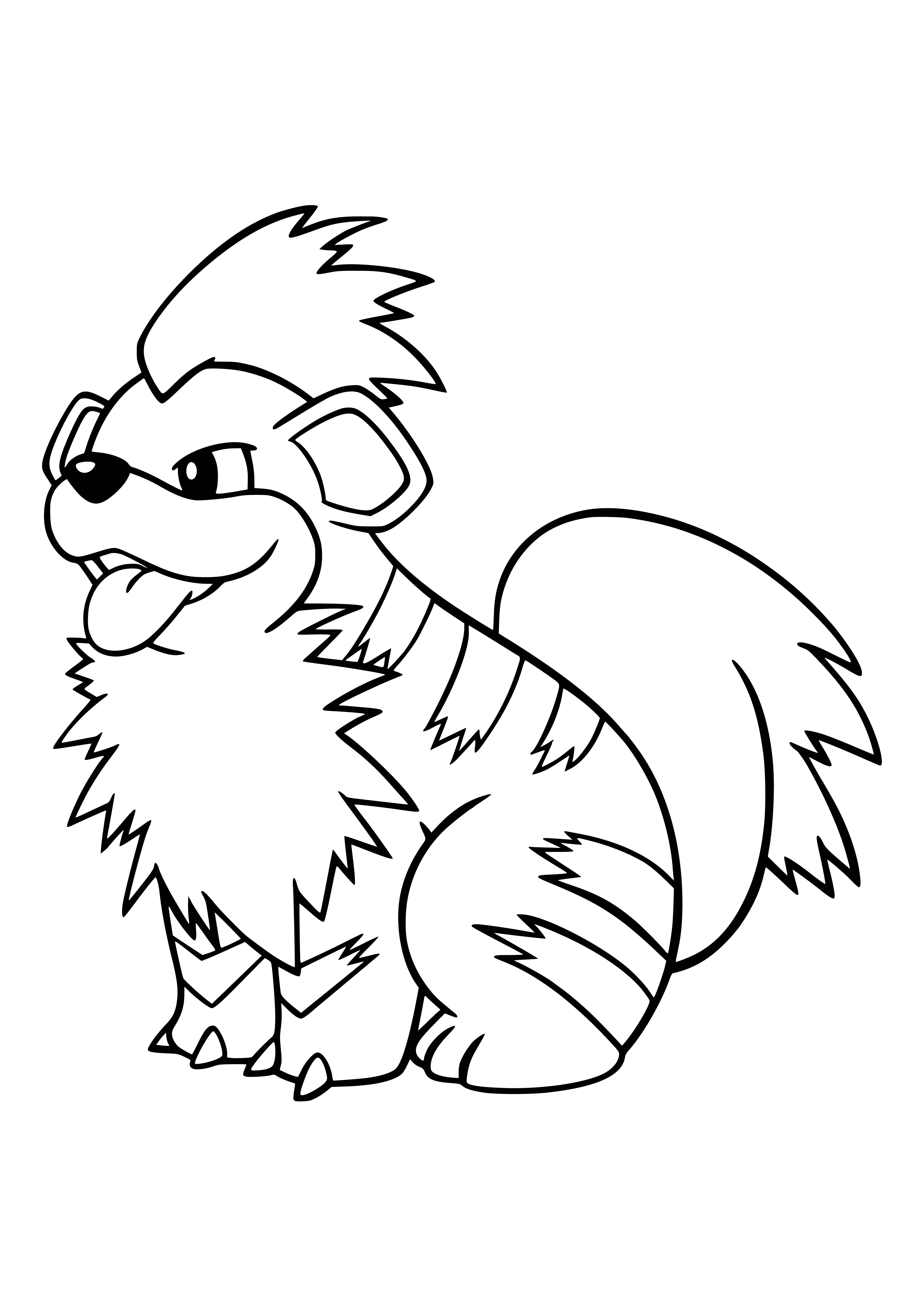 coloring page: Orange four-legged Pokemon with black stripes, yellow eyes, two small teeth, and long tongue. Tuft of fur on head, slender body, and long tail.