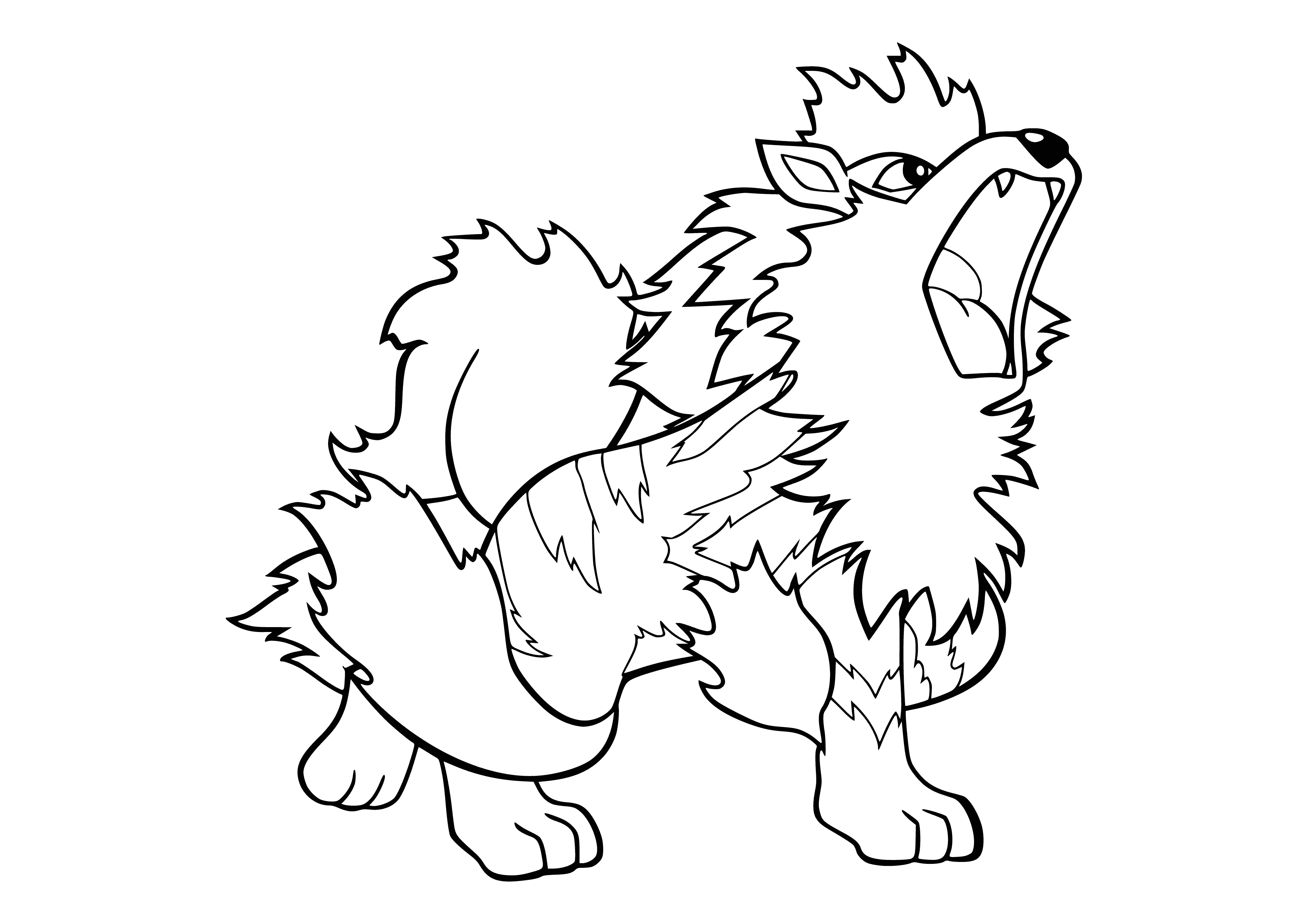 coloring page: Possible summary: Large, orange-black canine Pokémon with long snout, bushy tail, navy blue paws & white tufts of fur on its shoulders and head. Red eyes, black stripes, white paw pads.