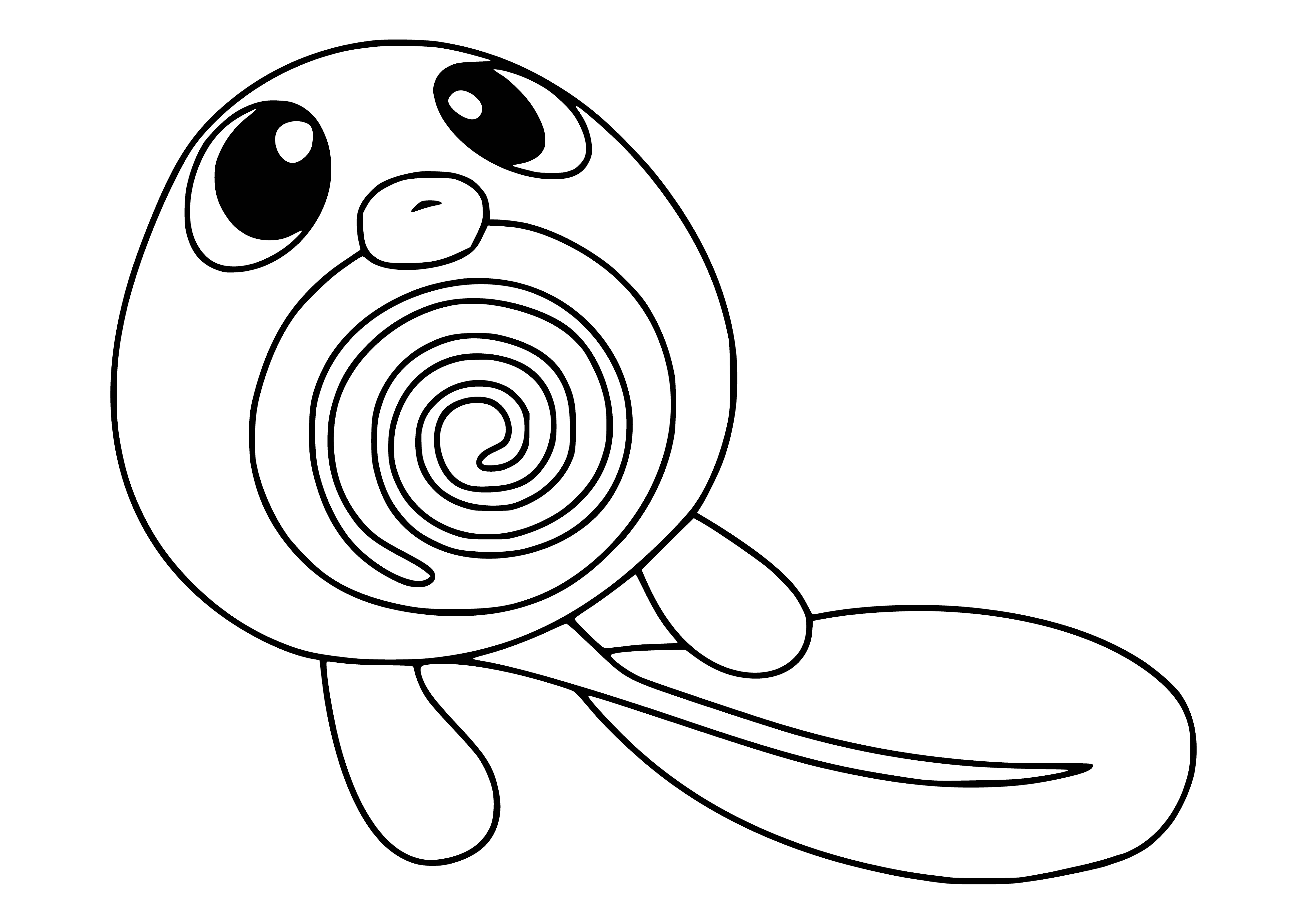 coloring page: Pokemon Poliwag evolves into Poliwhirl! It's a small, blue, tadpole-like Pokemon with a white belly, a black spiral, and large, black, pupil-less eyes. Three-toed feet help it navigate its way!