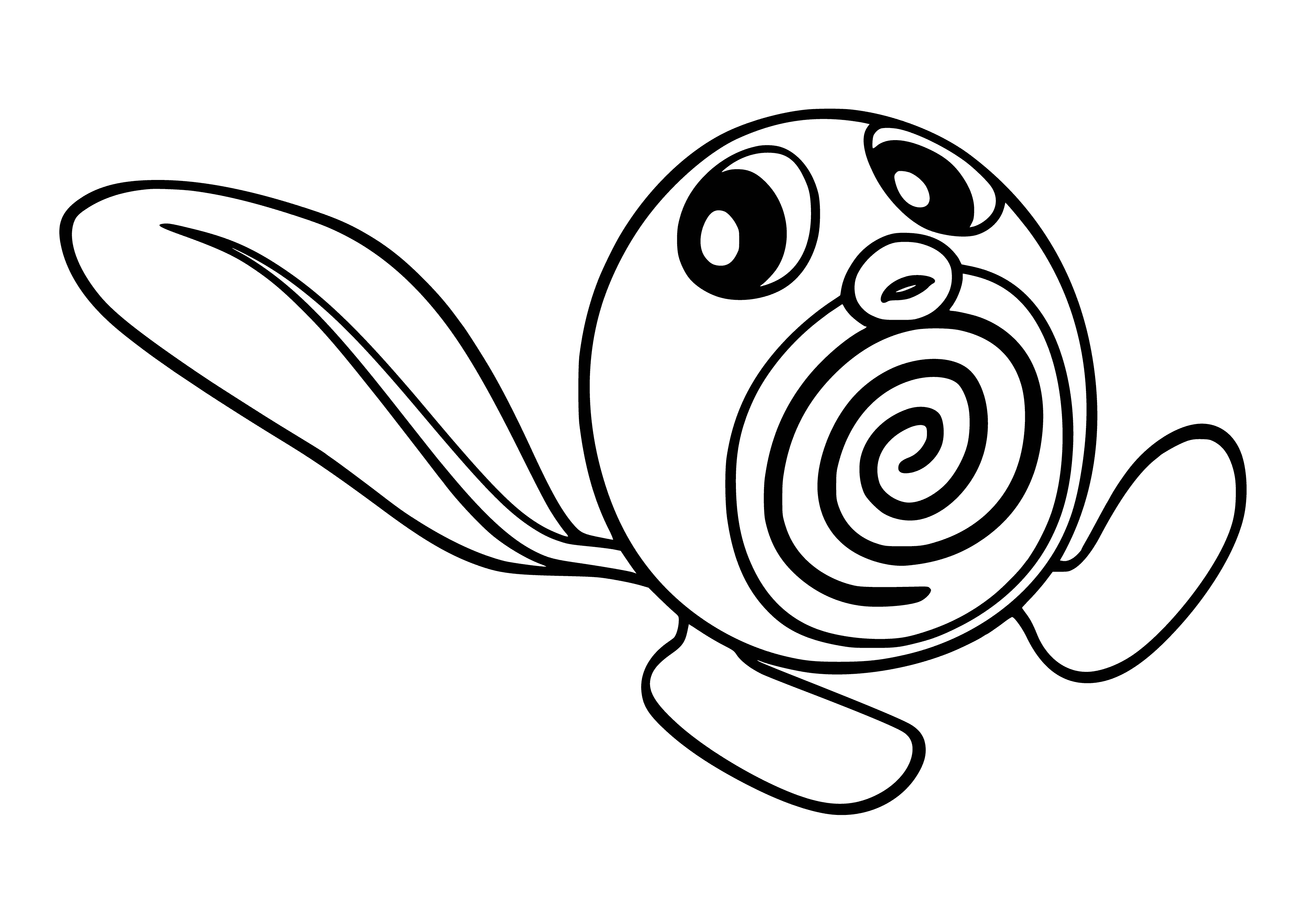 coloring page: Small, blue Pokemon w/ white belly, spiraled black tail, black eyes, red lips, red & white stripes, & black/white spots on head/back.