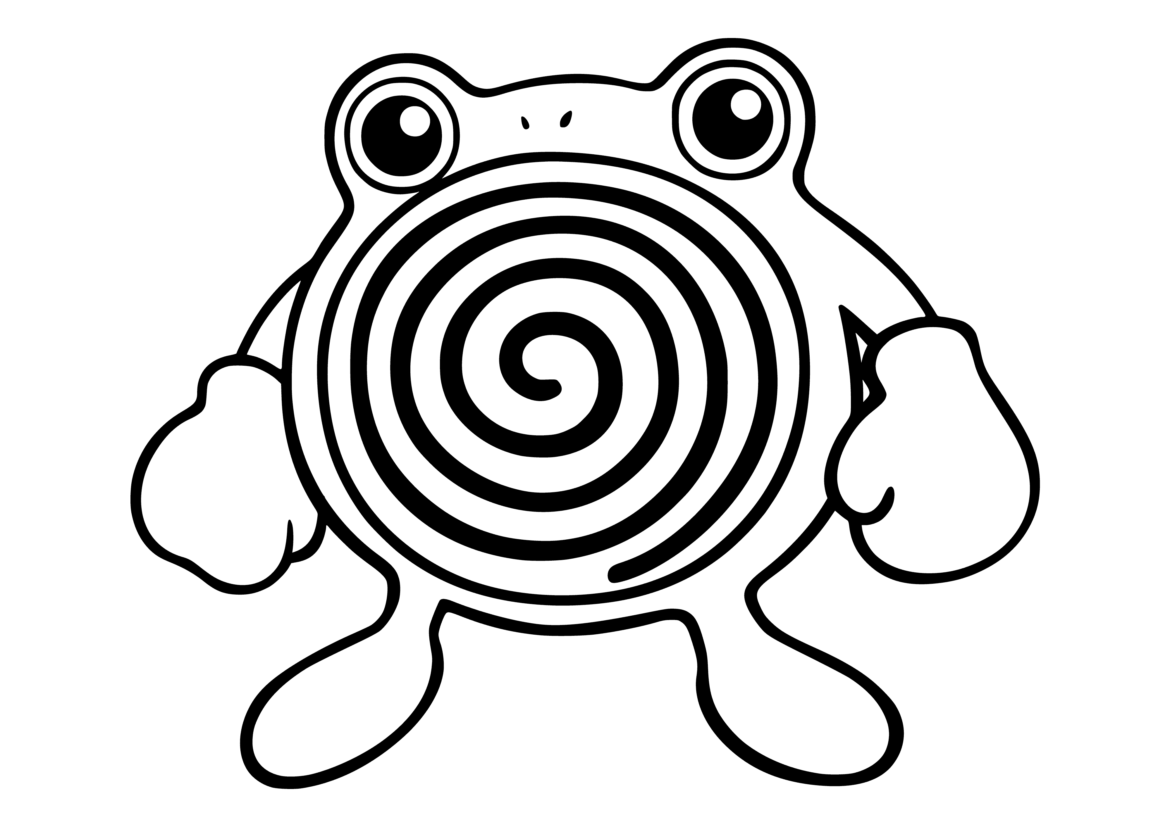 coloring page: Blue Pokemon w/ white belly, red spiral & fin-like legs/arms. Big eyes & small body. #Pokemon