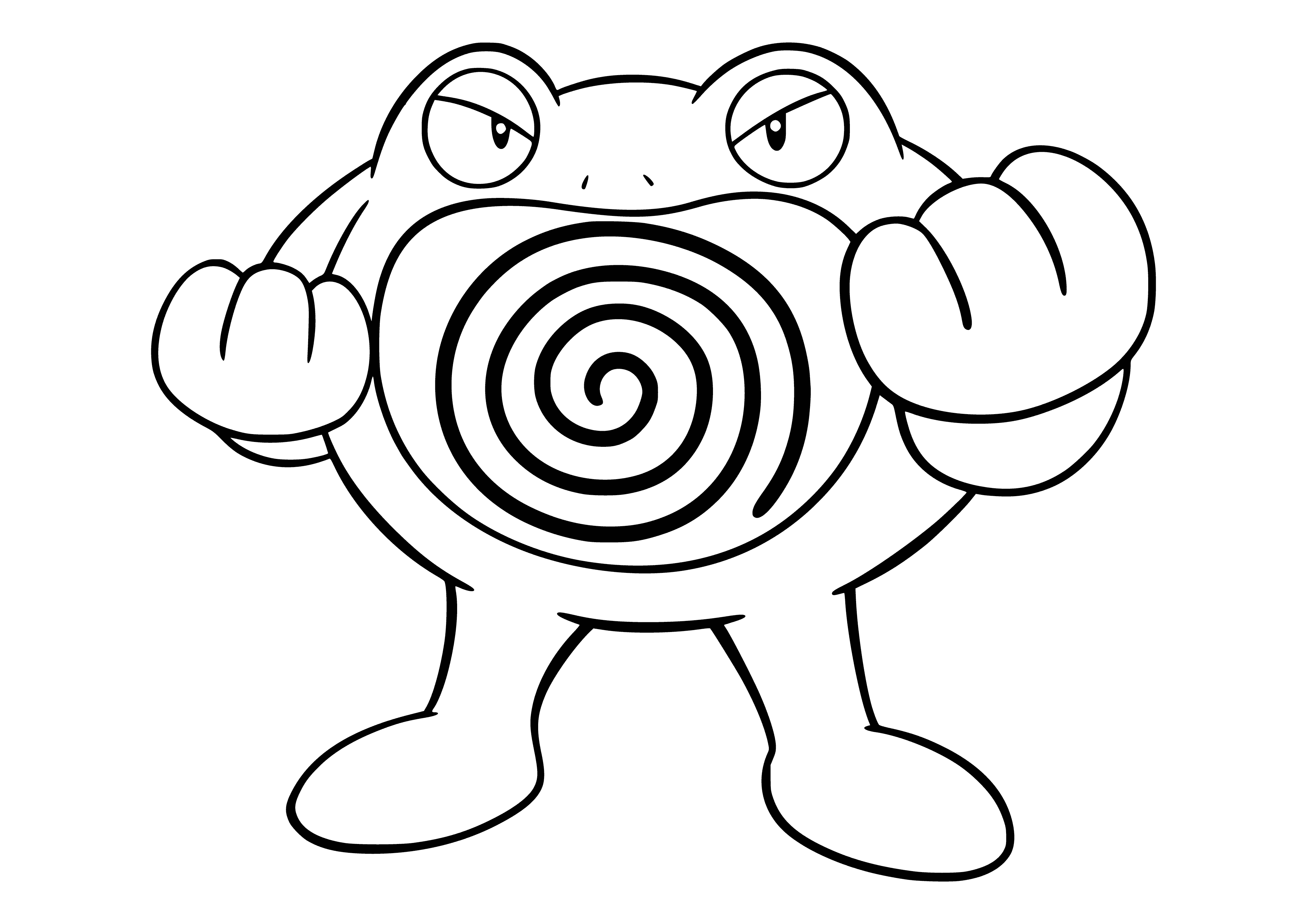 coloring page: Blue frog-like Pokemon with red eyes, white belly, triangle forehead and webbed hands/feet. 3 black spots on its back.